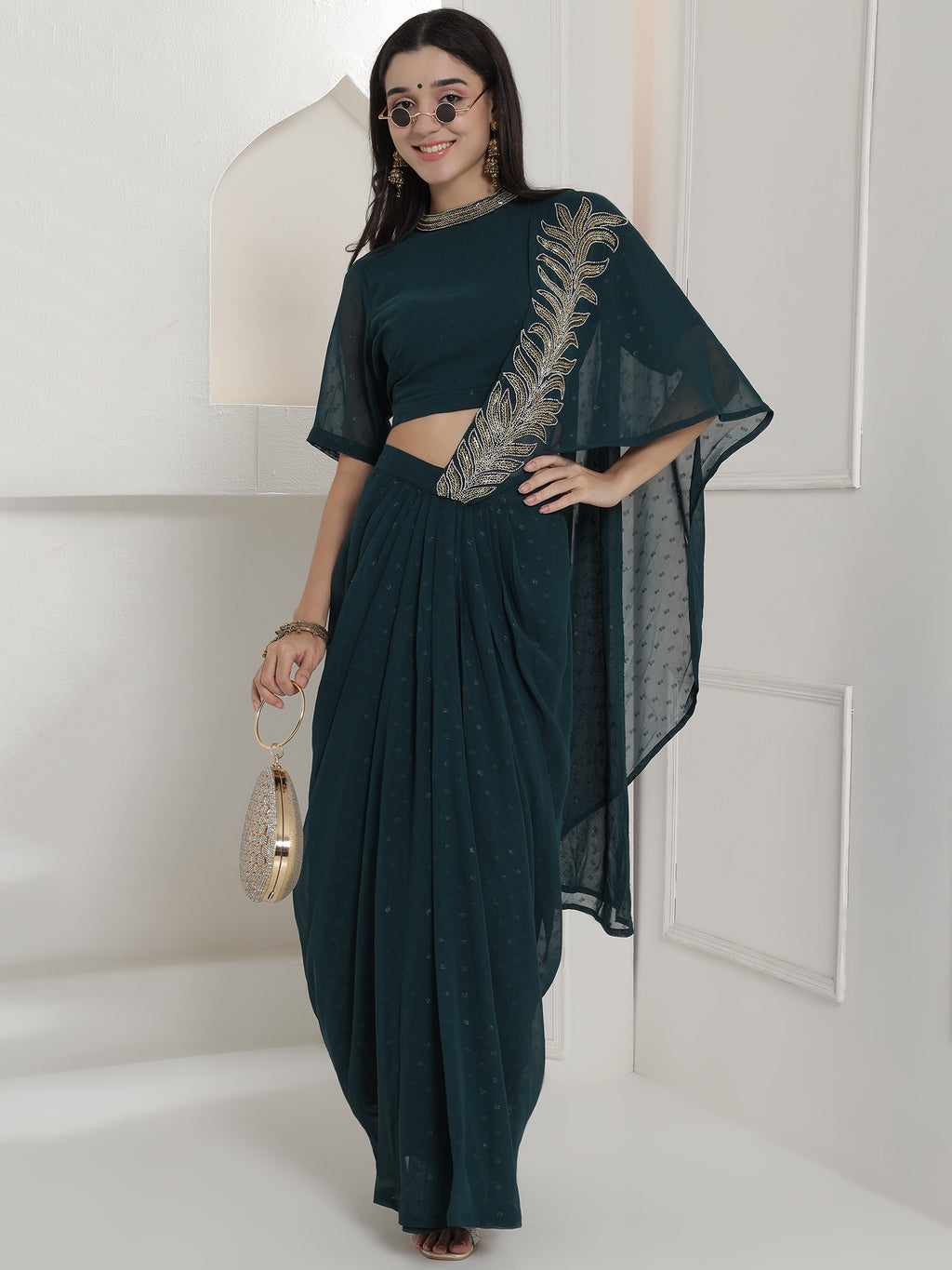 Green Georgette Drape Skirt Set