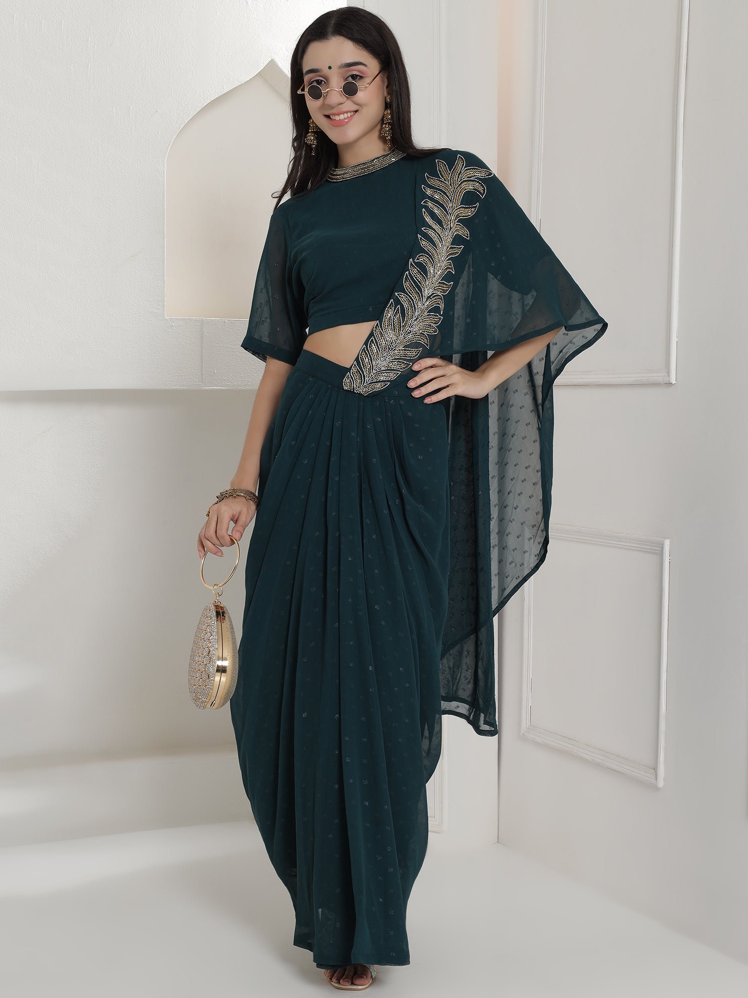 Green Georgette Drape Skirt Set