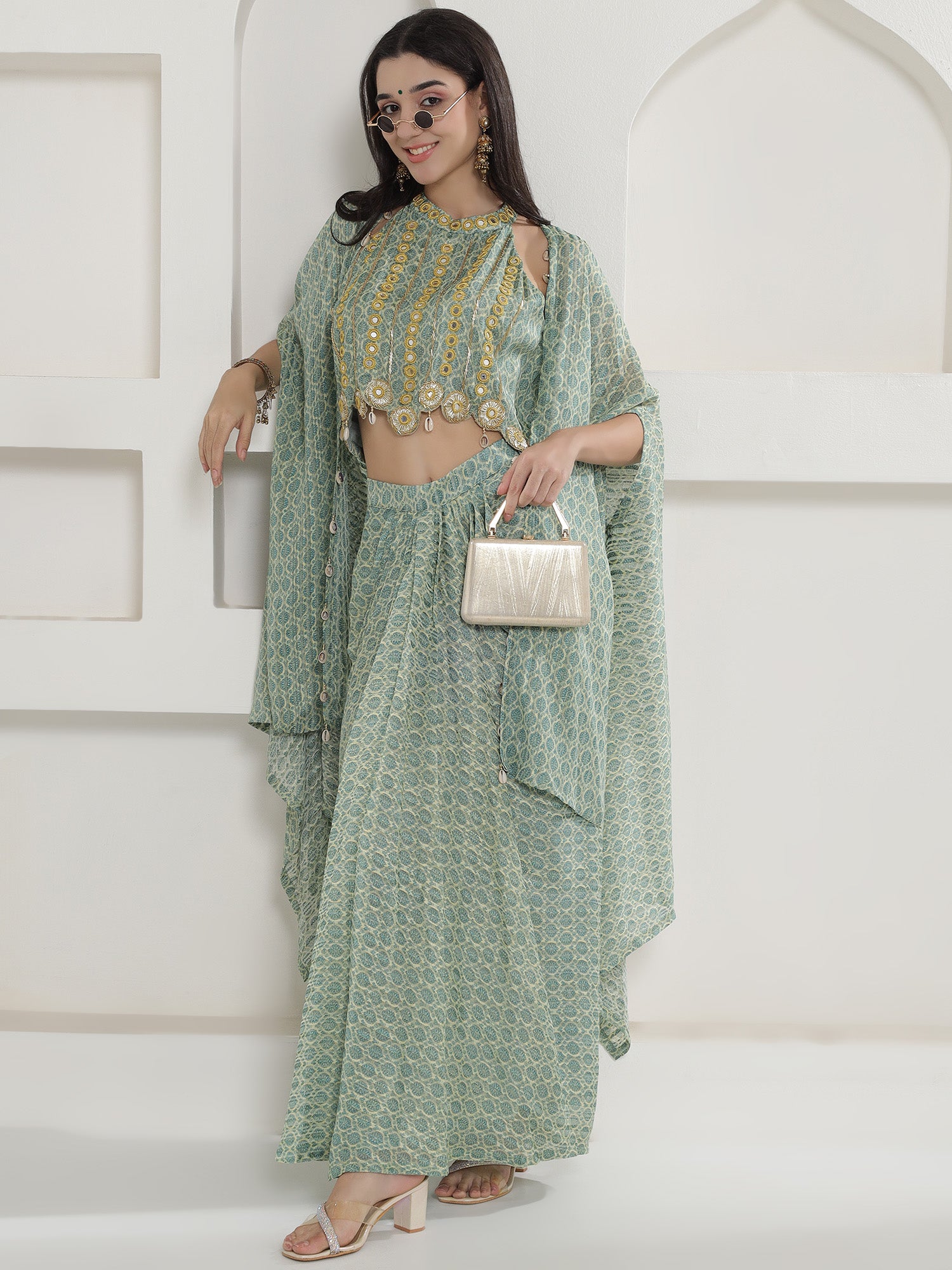 Green Georgette Cape inner and Shirt set
