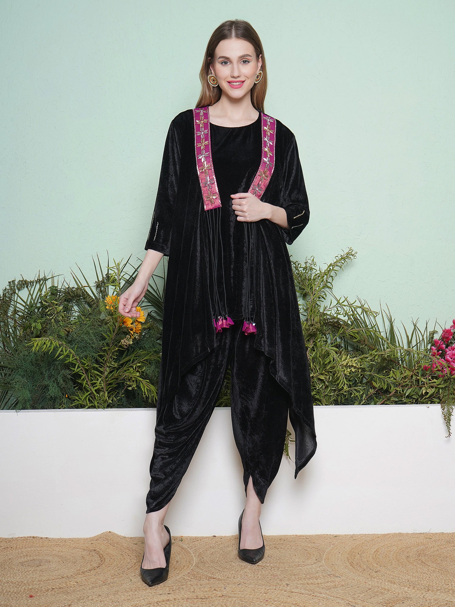 Women Black Dhoti Salwaar with Inner and  Hand Embellished Jacket