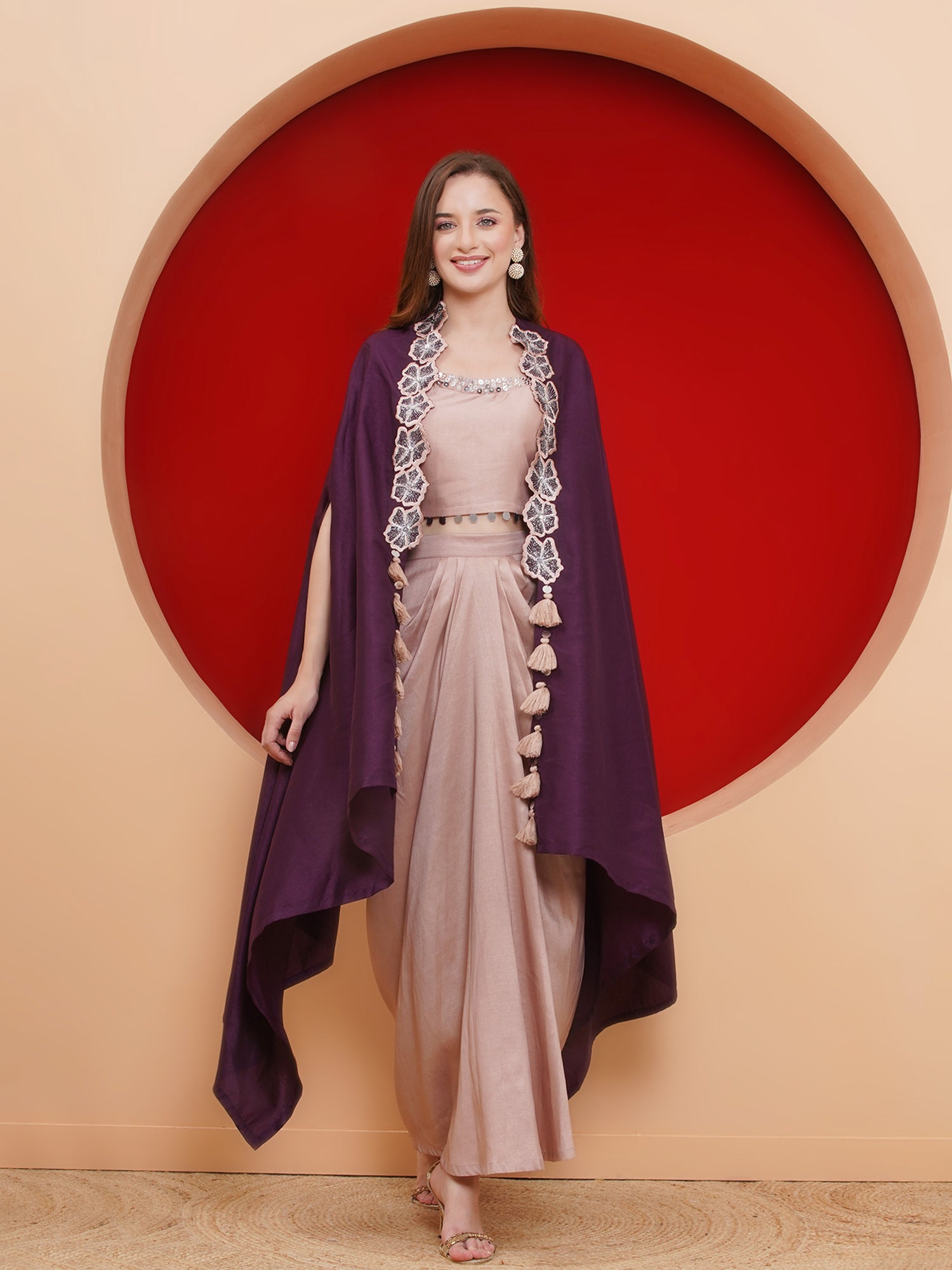 Women Purple and Rose Gold Skirt set with Cape