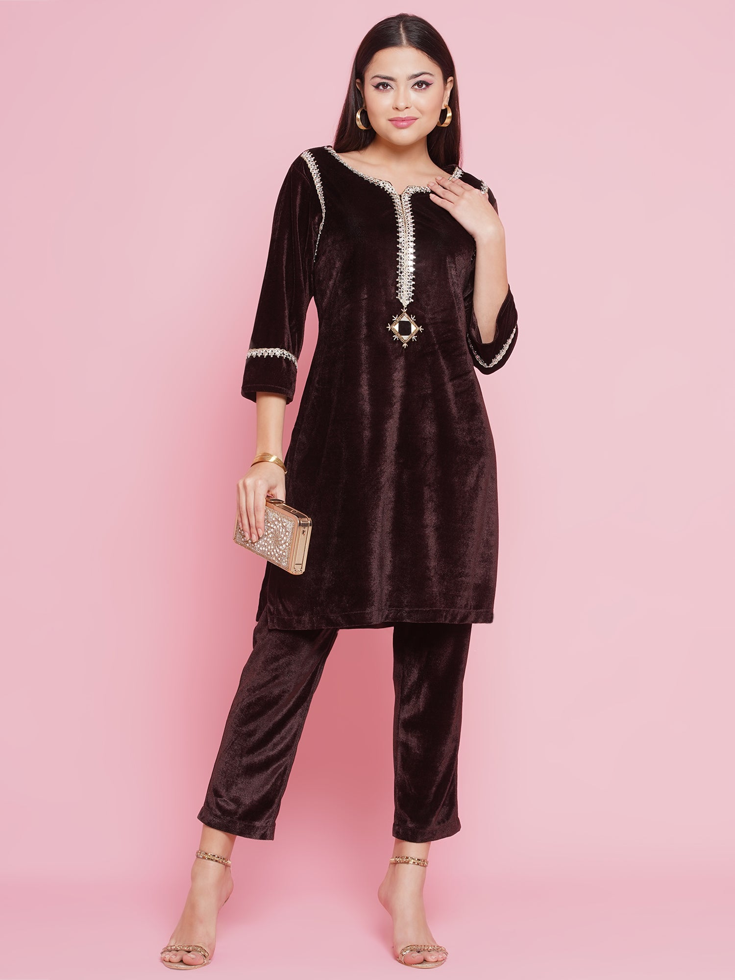 Women Brown Mirrior Work Velvet Coord Set