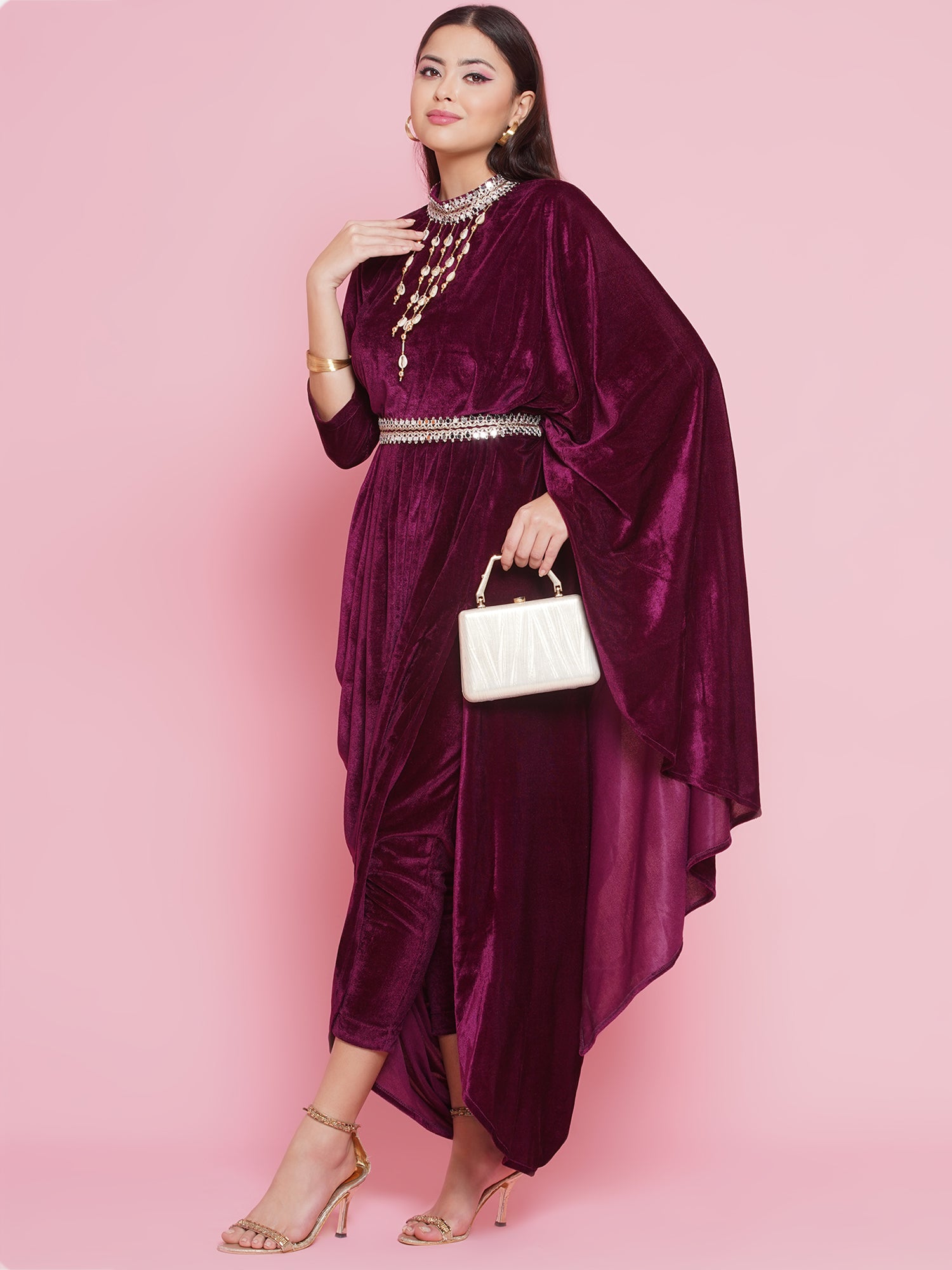 Women Wine Drape Kurta and Pant