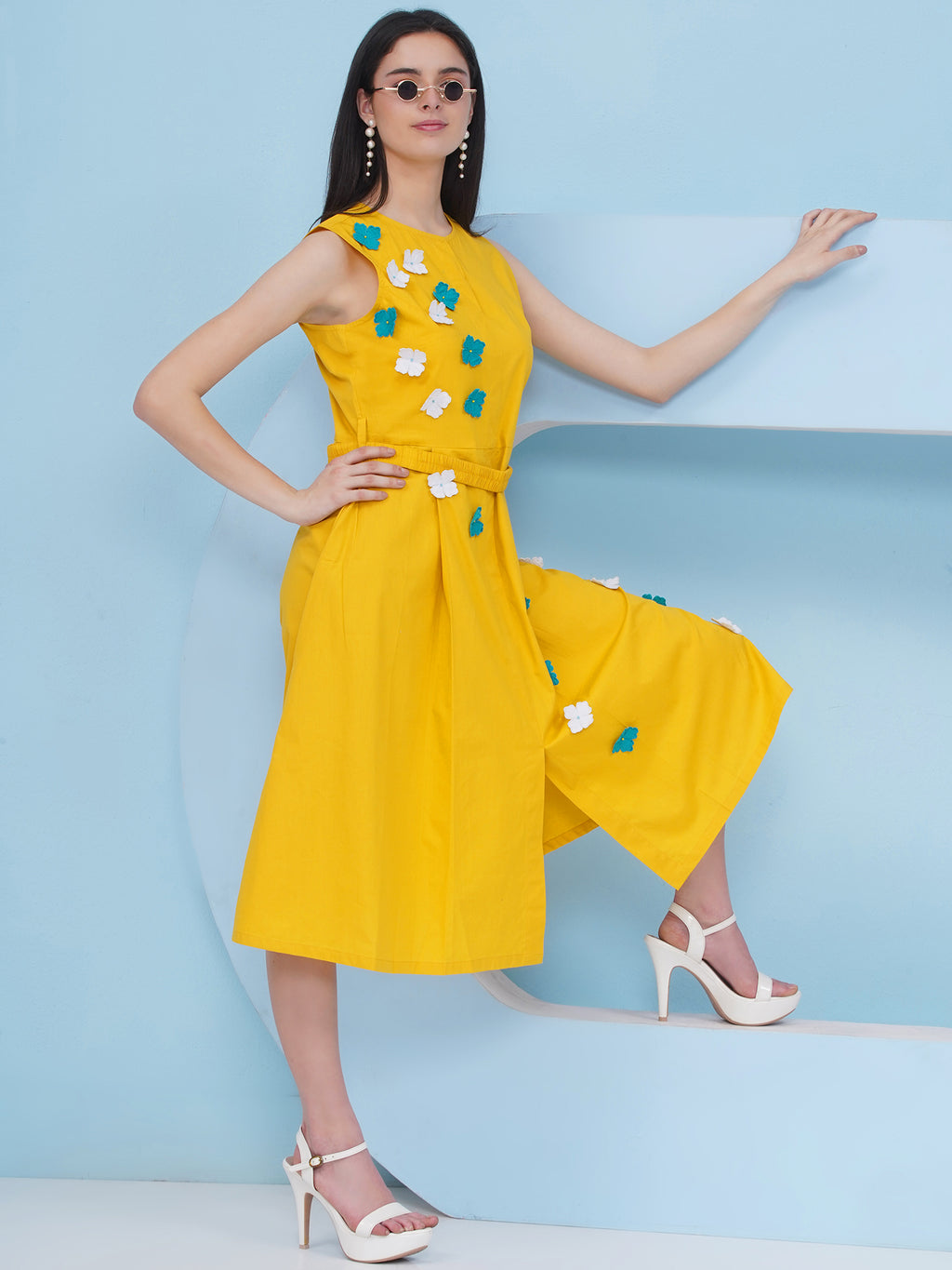Yellow Party Wear Dress With Belt