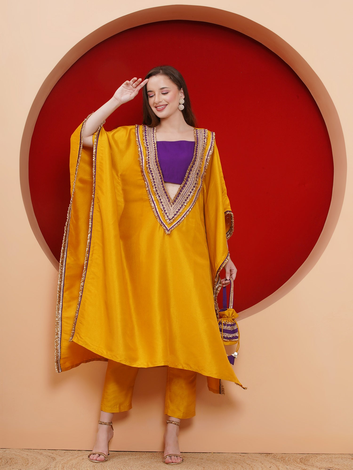 Women Yelow Kaftaan Set with ineer and Potli