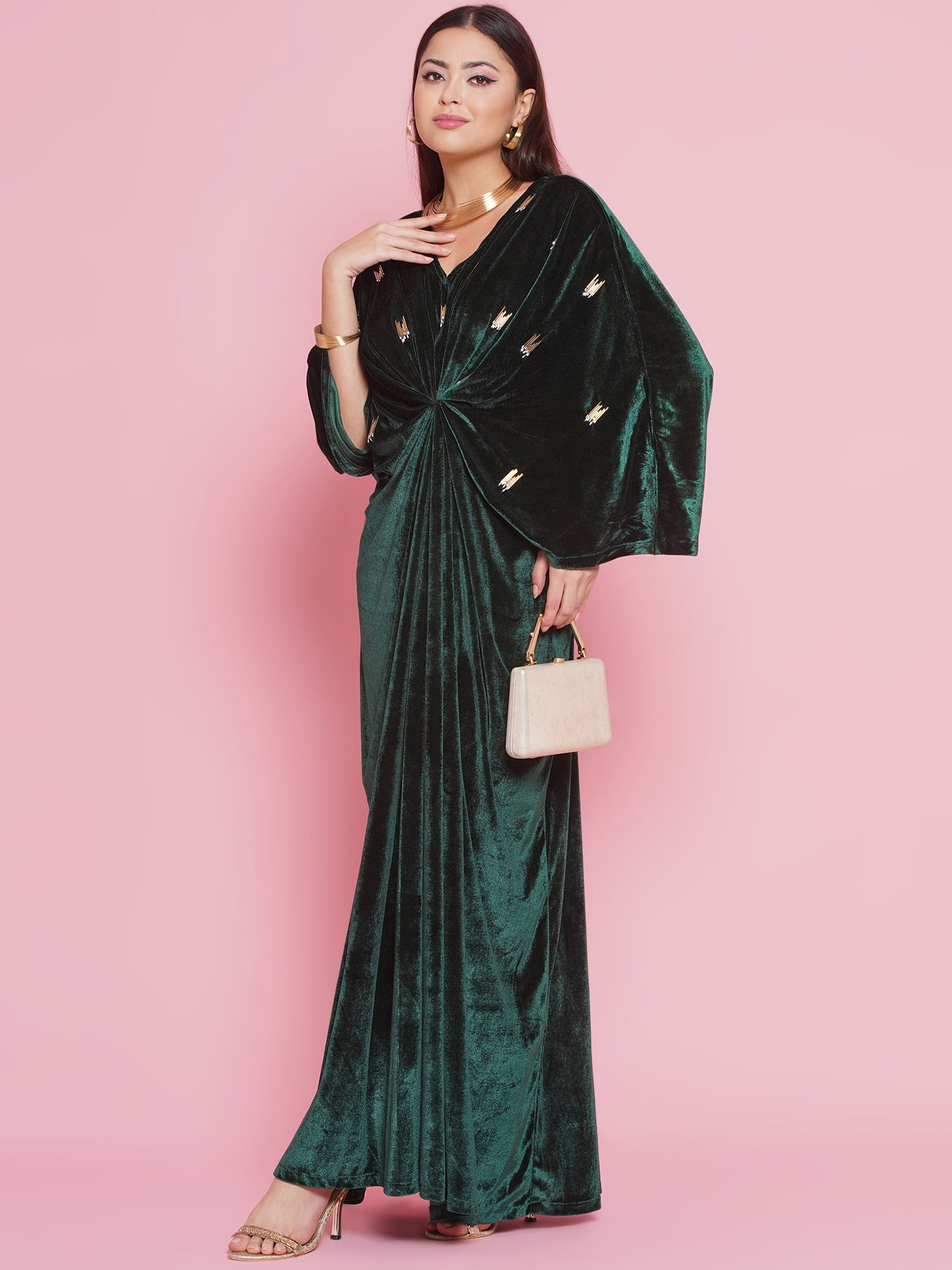 Women Green Velvet Hand Embellished Gown