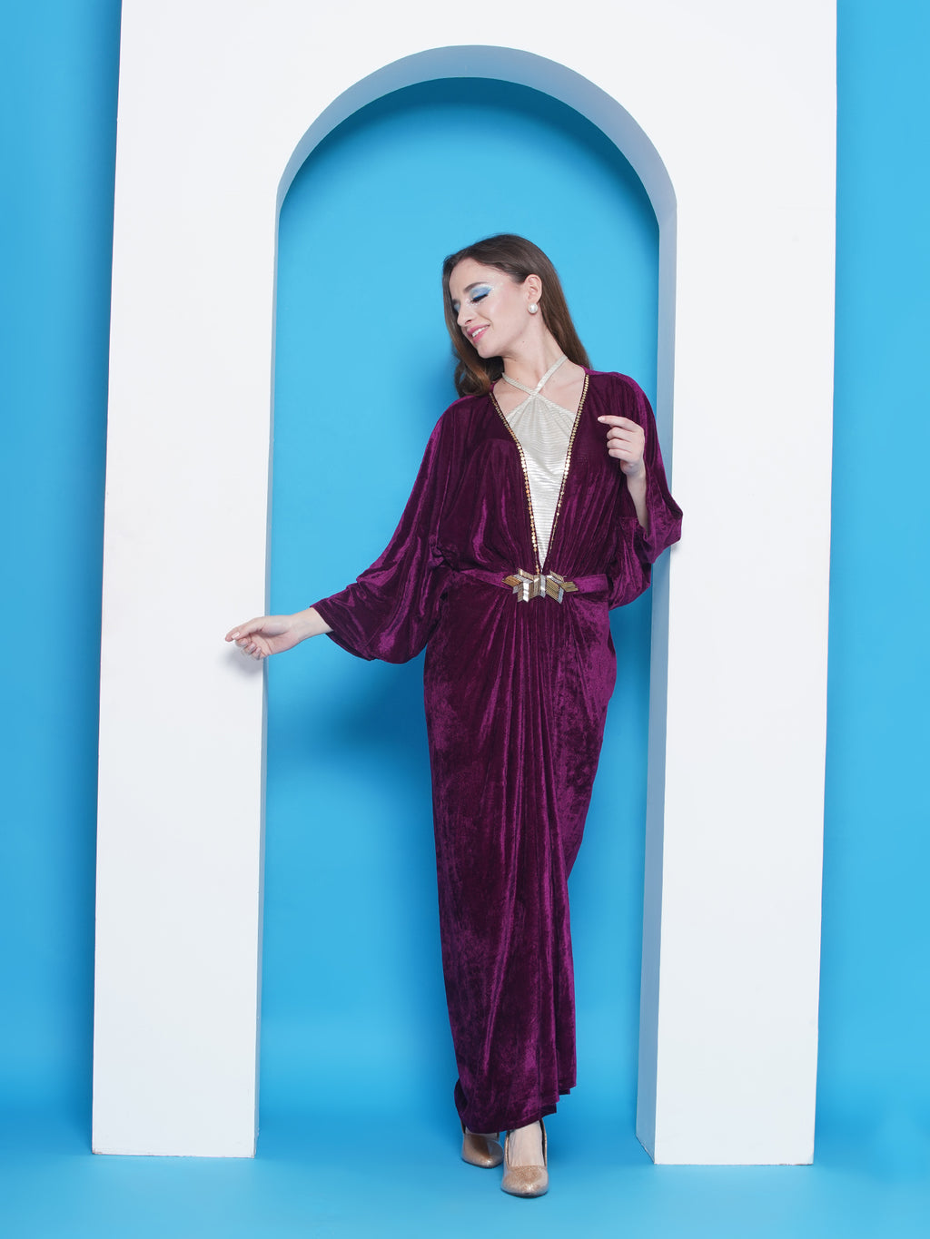 Women Wine Velvet Gown With Silver Halter Neck Ineer