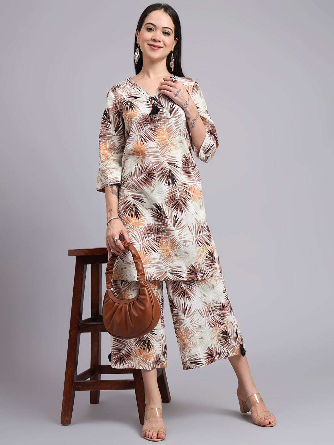 Women Cream Cotton Printed & Hand Work Co-ord Set (Set of 2)