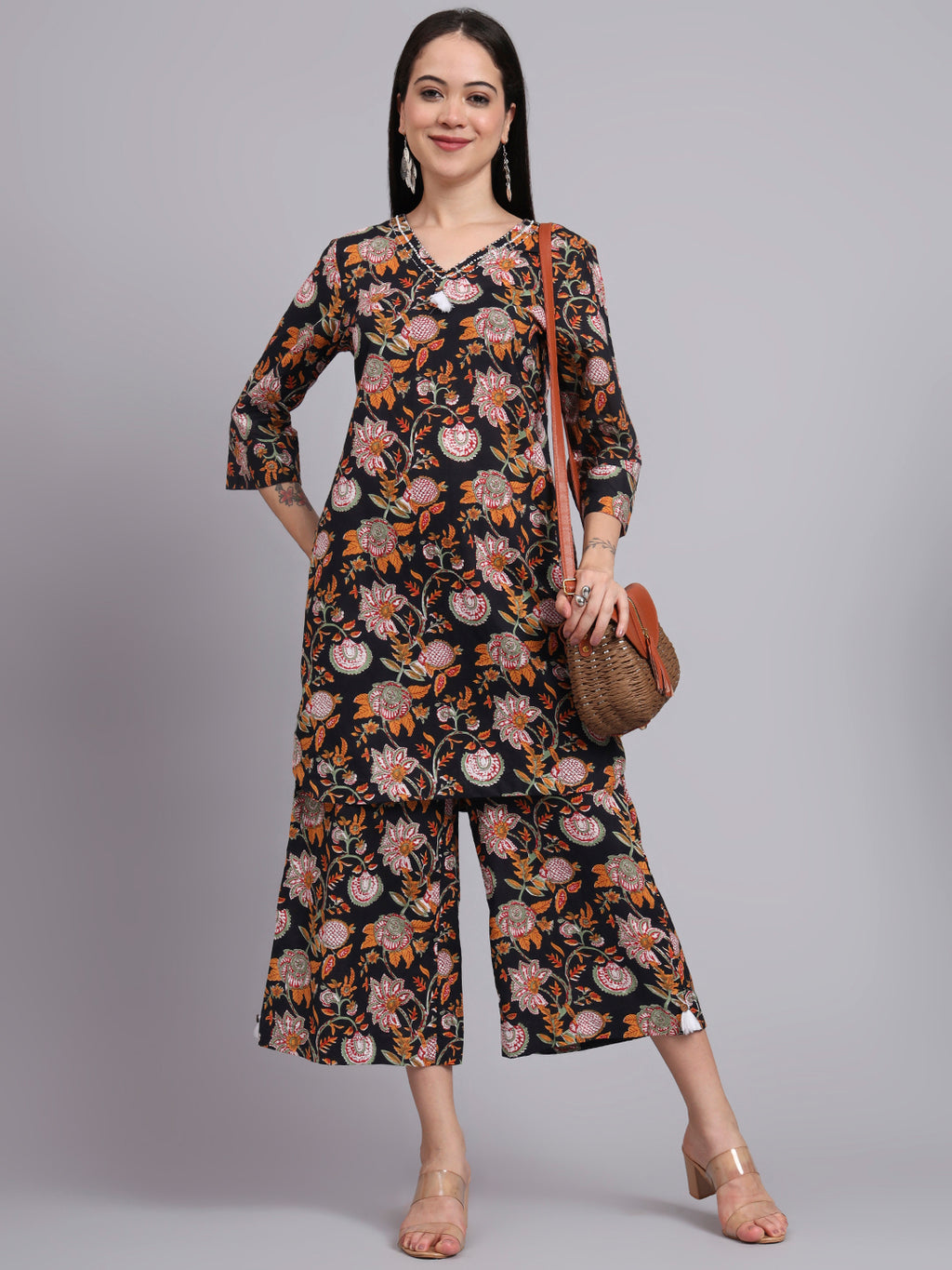 Women Black Cotton Printed & Hand Work Co-ord Set