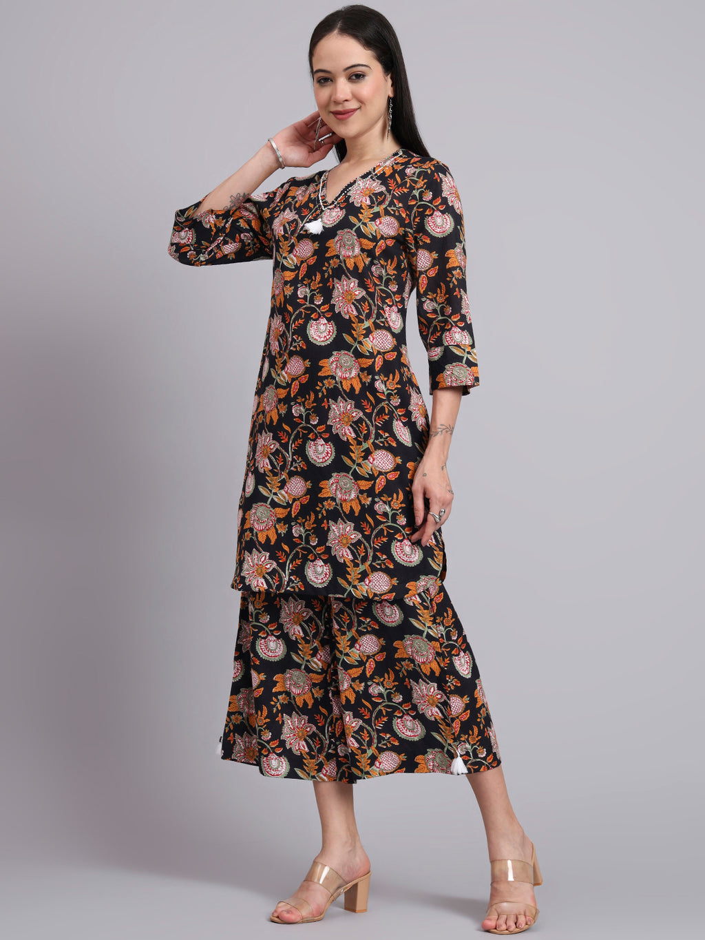 Women Black Cotton Printed & Hand Work Co-ord Set (Set of 2)