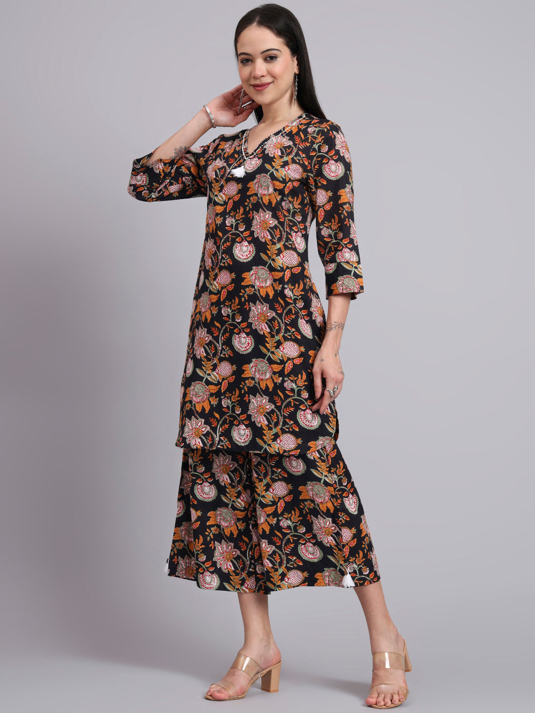 Women Black Cotton Printed & Hand Work Co-ord Set (Set of 2)