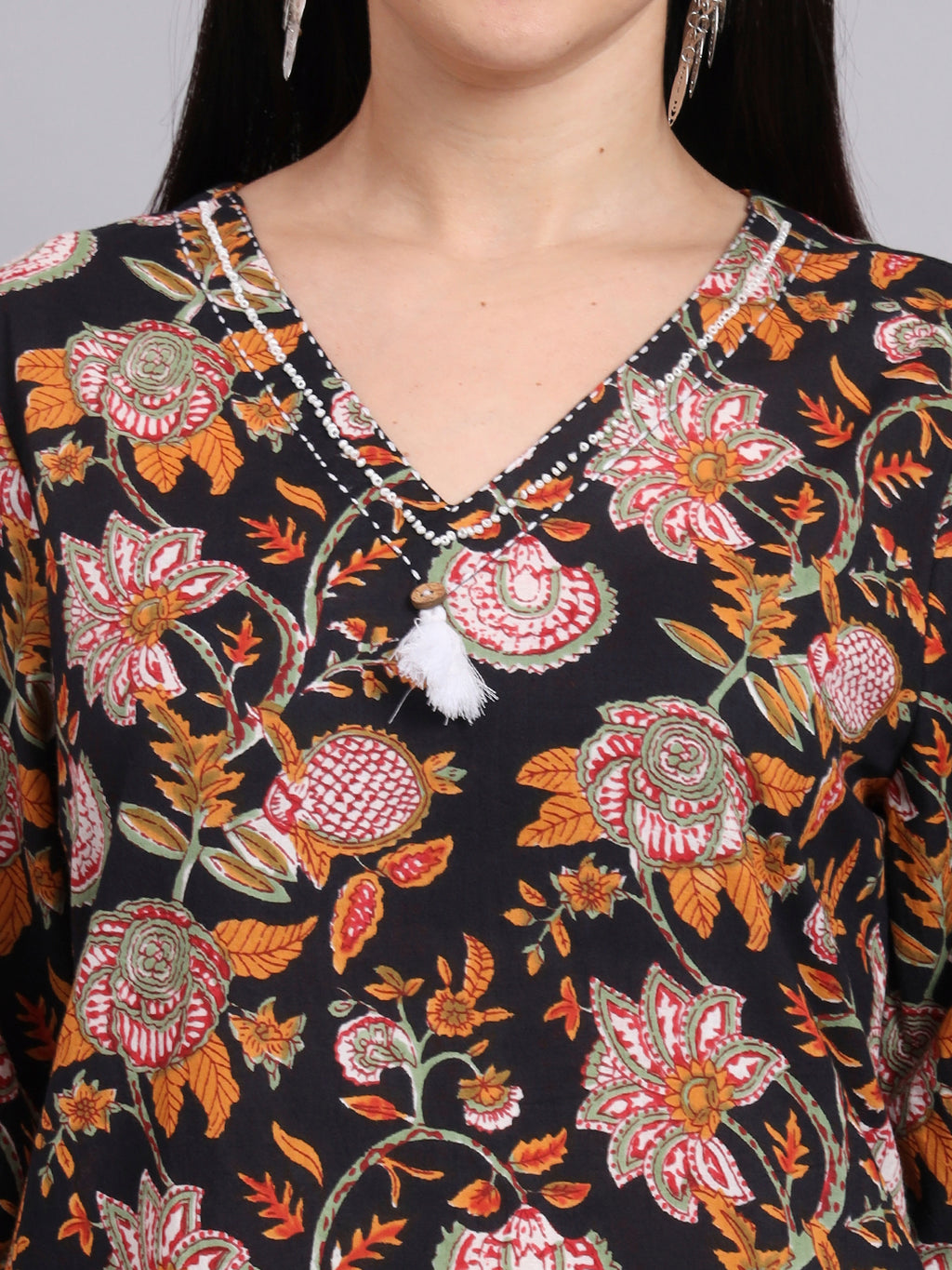 Women Black Cotton Printed & Hand Work Co-ord Set (Set of 2)