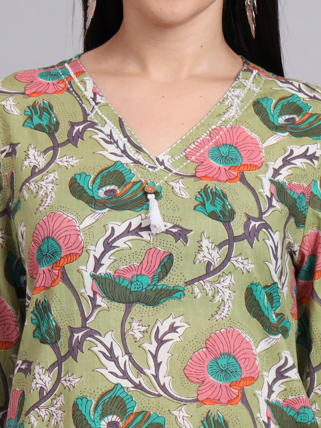 Women Green Cotton Printed & Hand Work Co-ord Set (Set of 2)