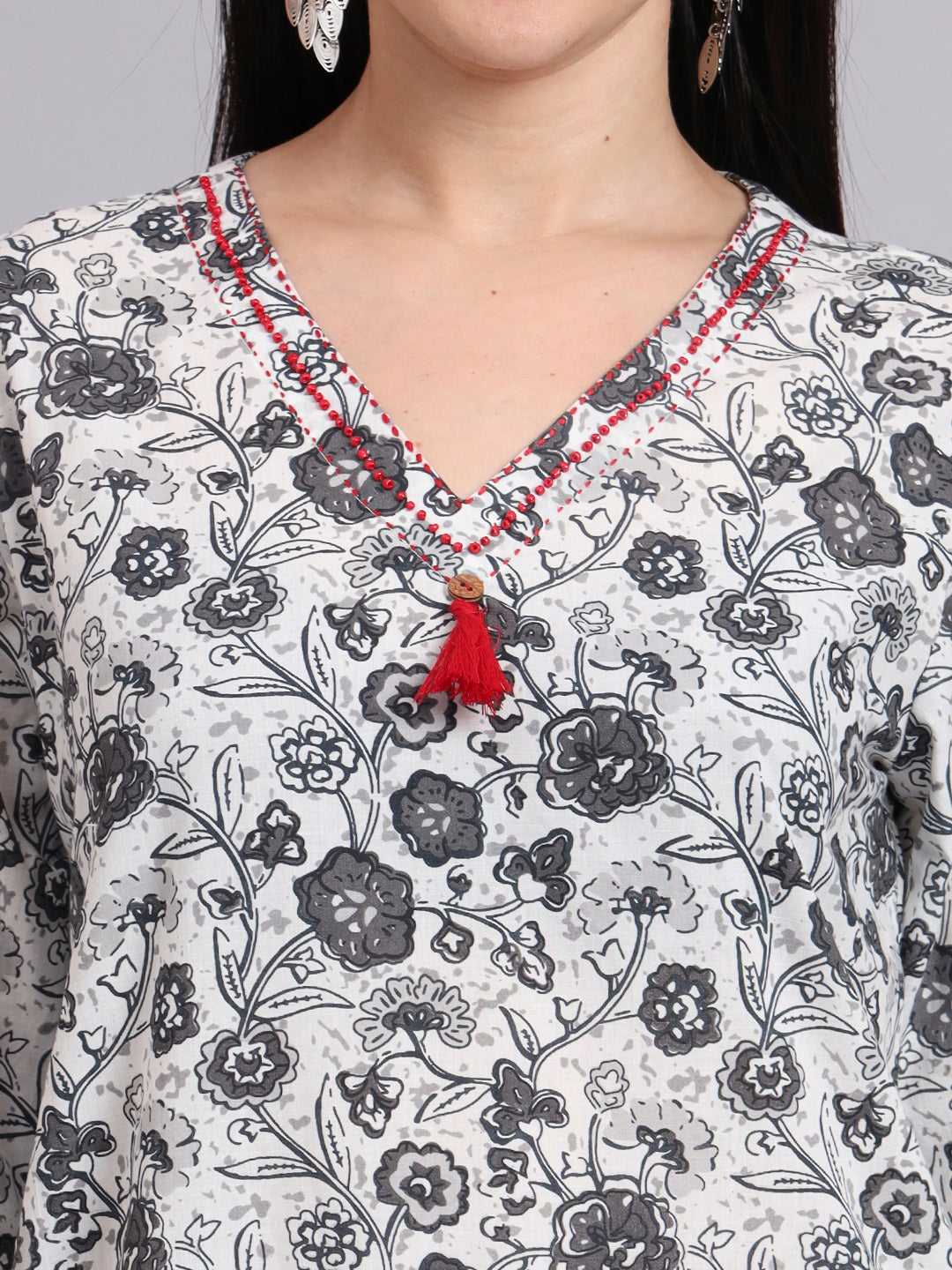 Women Cream Cotton Printed & Hand Work Co-ord Set (Set of 2)