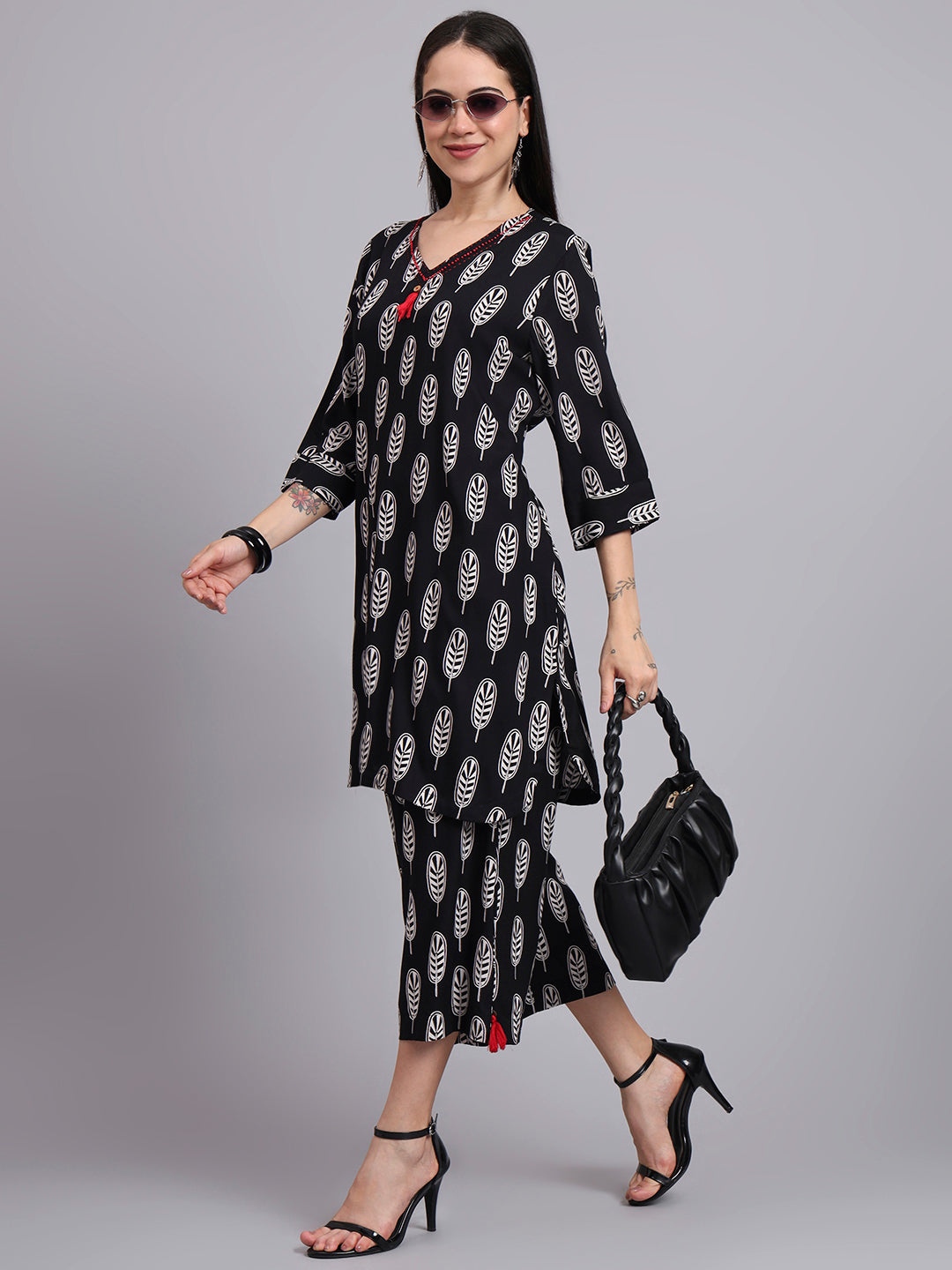 Women Black Rayon & Embroidered Work Straight Kurta Bottom Set