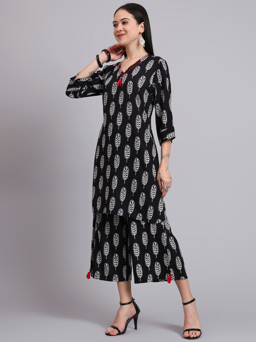 Women Black Rayon & Embroidered Work Straight Kurta Bottom Set