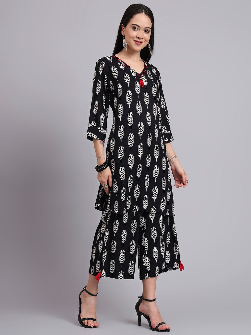 Women Black Rayon & Embroidered Work Straight Kurta Bottom Set