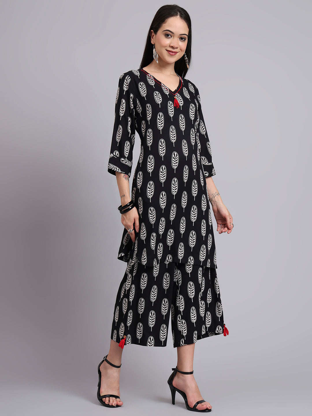 Women Black Rayon & Embroidered Work Straight Kurta Bottom Set