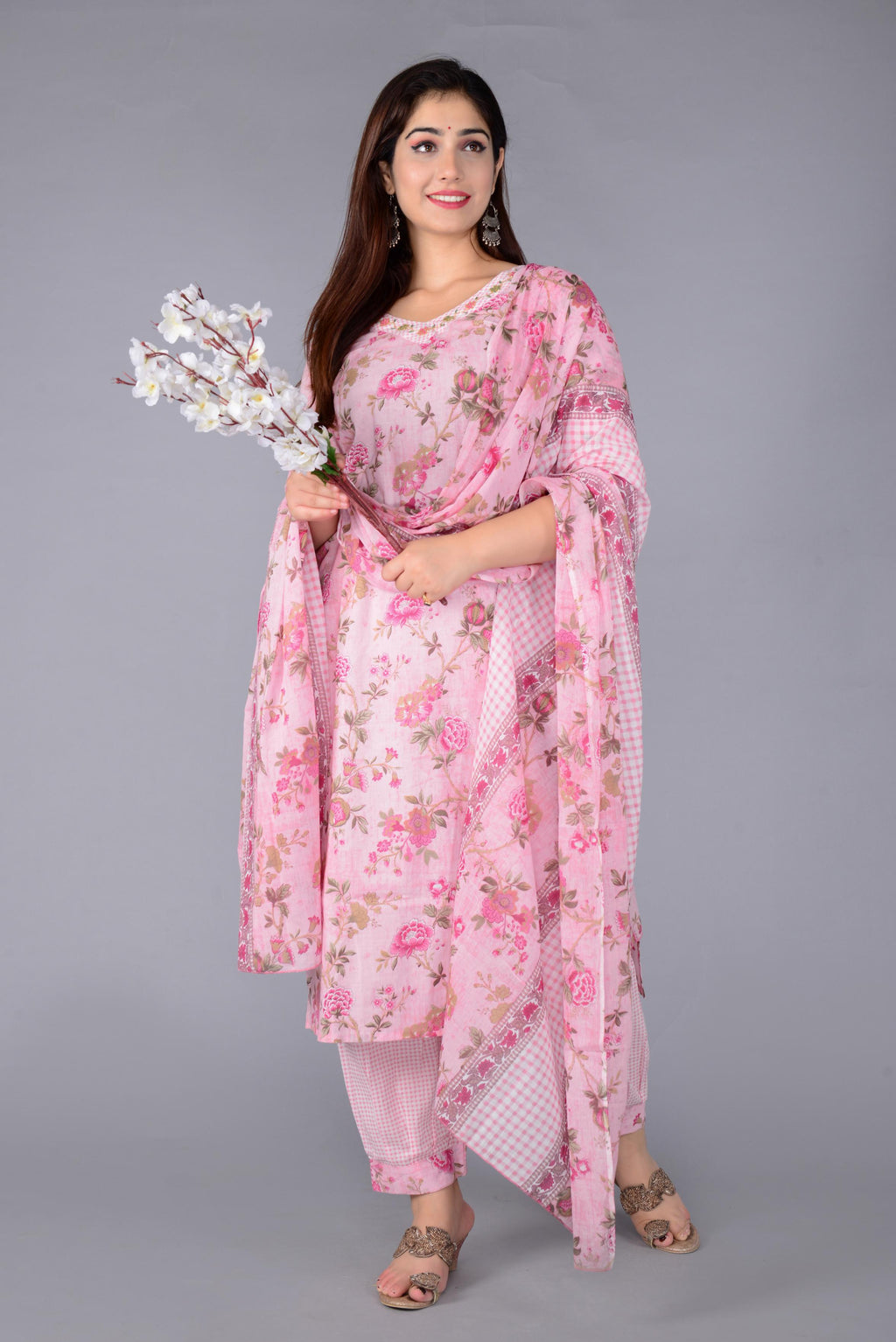 Women Pink Cotton Printed & Embroidered Work Straight Kurta Bottom & Dupatta Set
