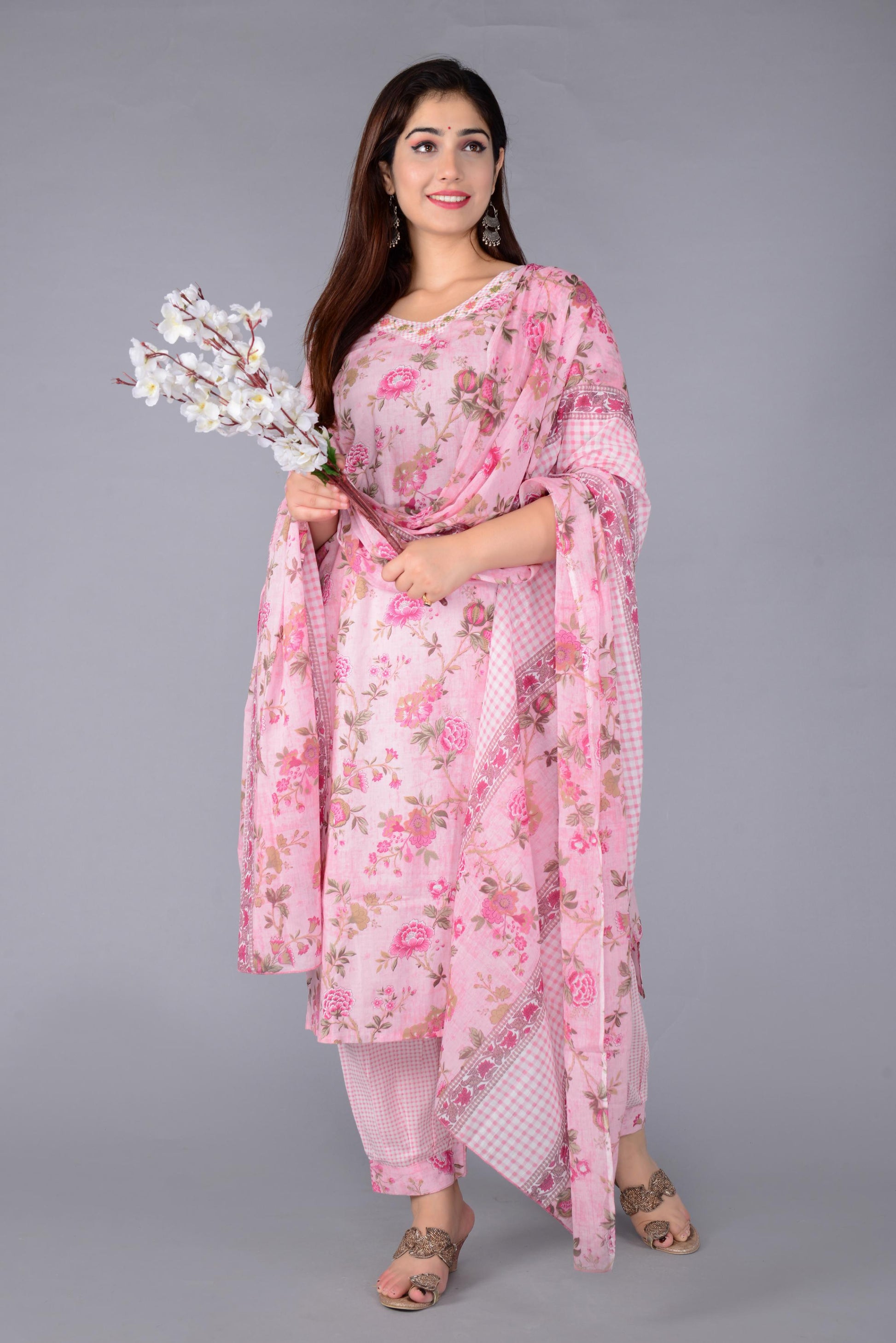 Women Pink Cotton Printed & Embroidered Work Straight Kurta Bottom & Dupatta Set