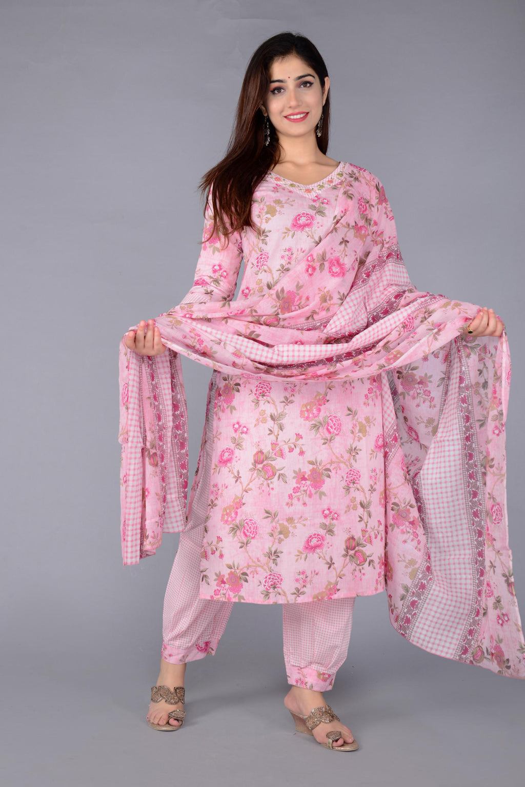 Women Pink Cotton Printed & Embroidered Work Straight Kurta Bottom & Dupatta Set