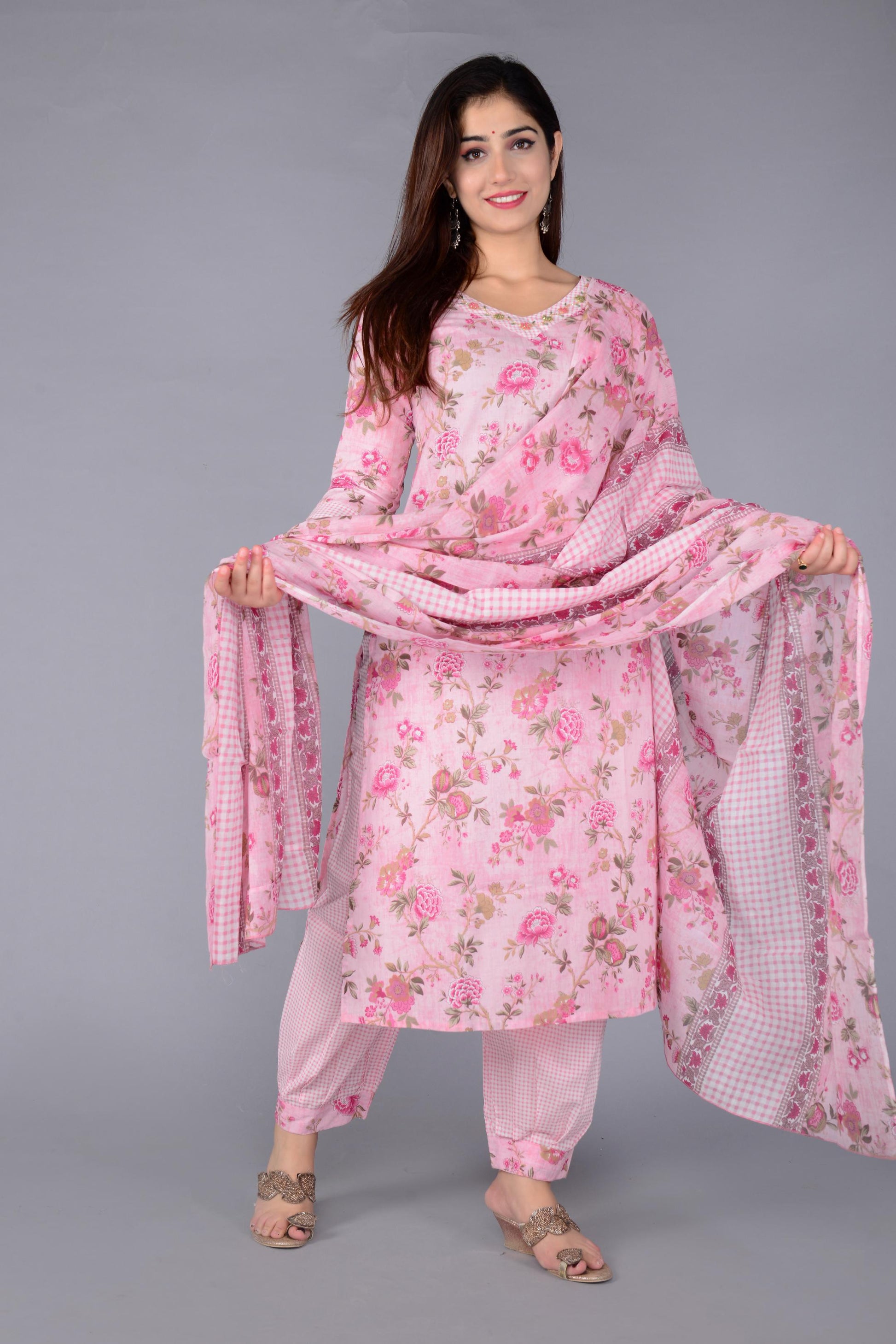 Women Pink Cotton Printed & Embroidered Work Straight Kurta Bottom & Dupatta Set
