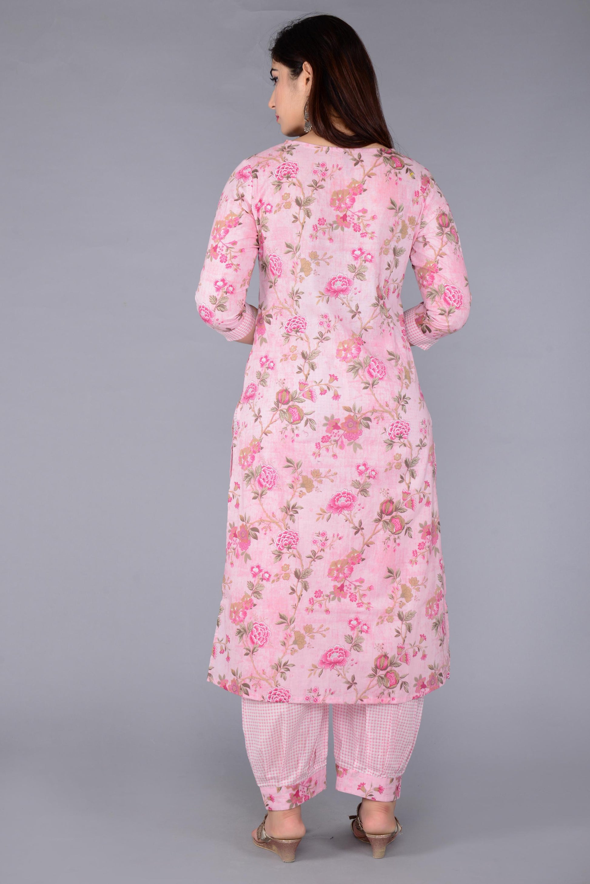 Women Pink Cotton Printed & Embroidered Work Straight Kurta Bottom & Dupatta Set