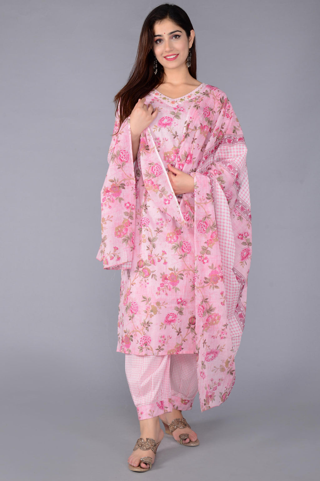Women Pink Cotton Printed & Embroidered Work Straight Kurta Bottom & Dupatta Set