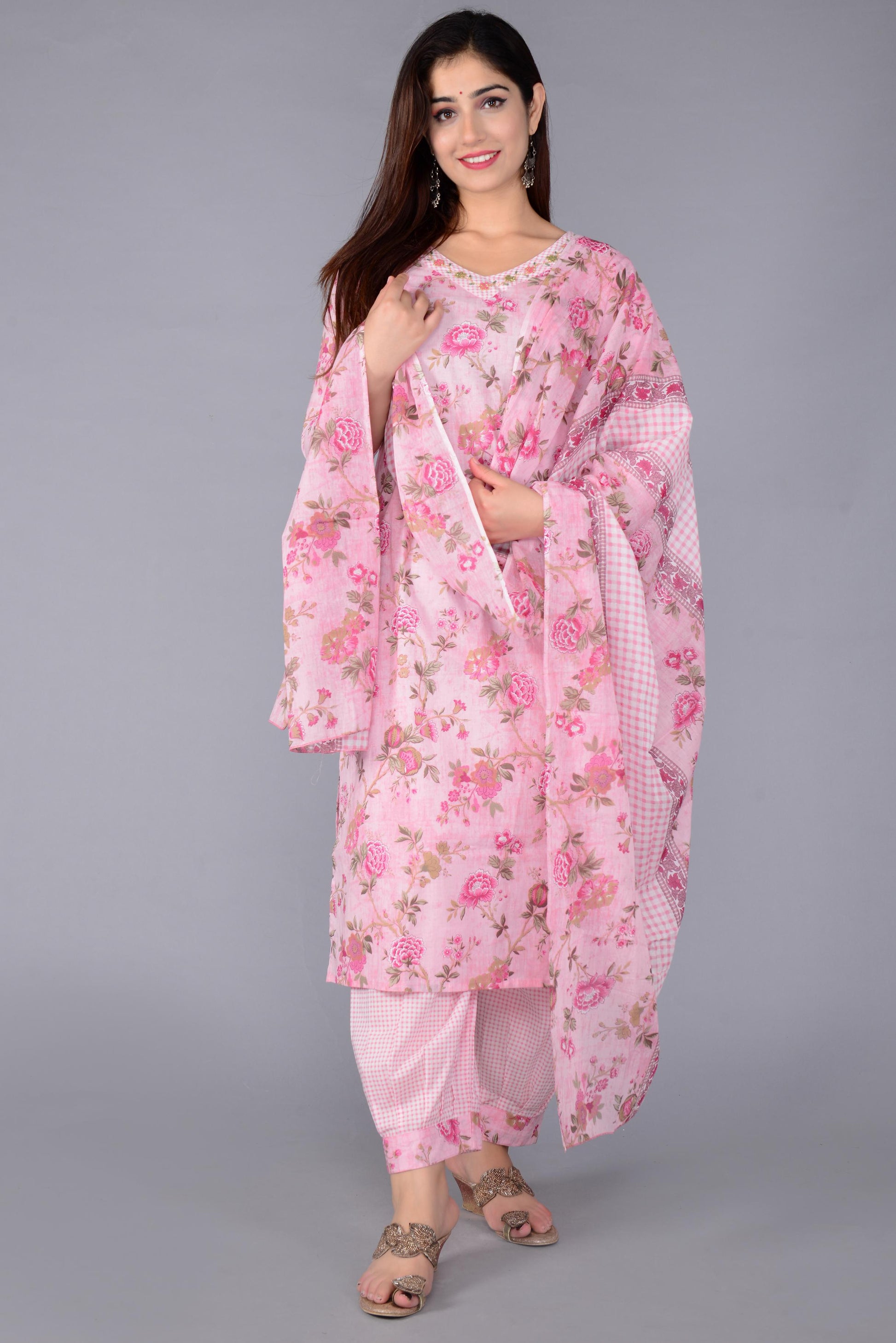 Women Pink Cotton Printed & Embroidered Work Straight Kurta Bottom & Dupatta Set