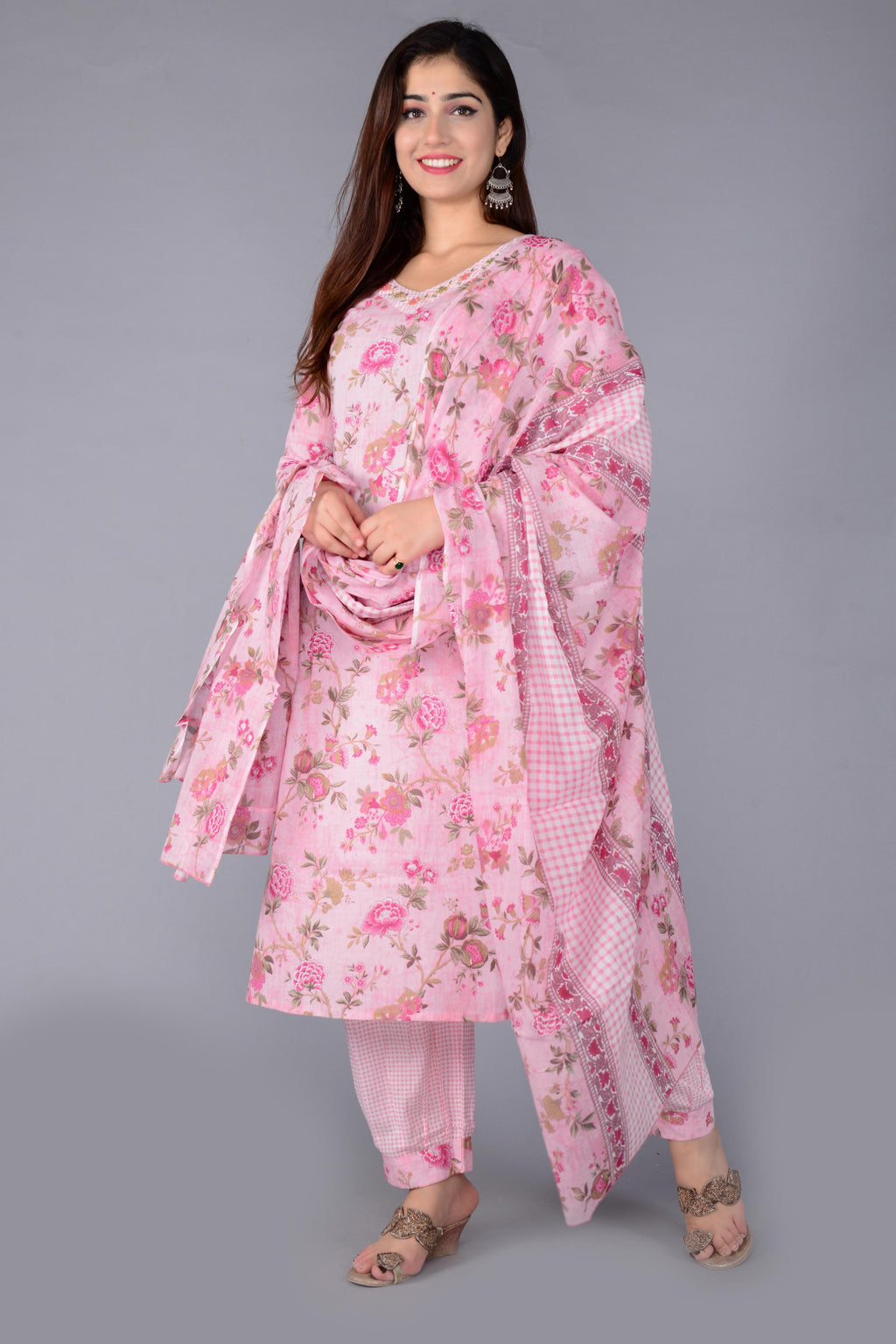Women Pink Cotton Printed & Embroidered Work Straight Kurta Bottom & Dupatta Set