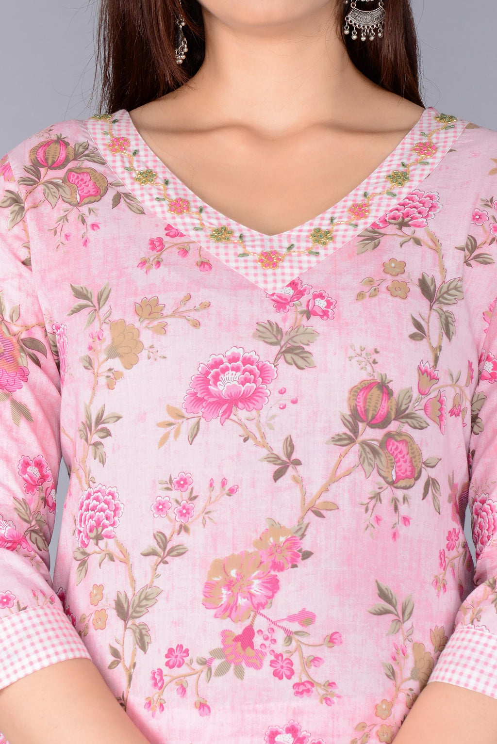 Women Pink Cotton Printed & Embroidered Work Straight Kurta Bottom & Dupatta Set