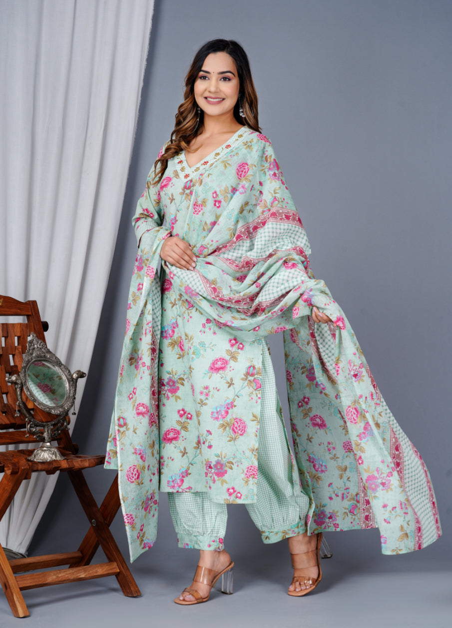 Women Pista Green Cotton Printed & Embroidered Work Straight Kurta Bottom & Dupatta Set
