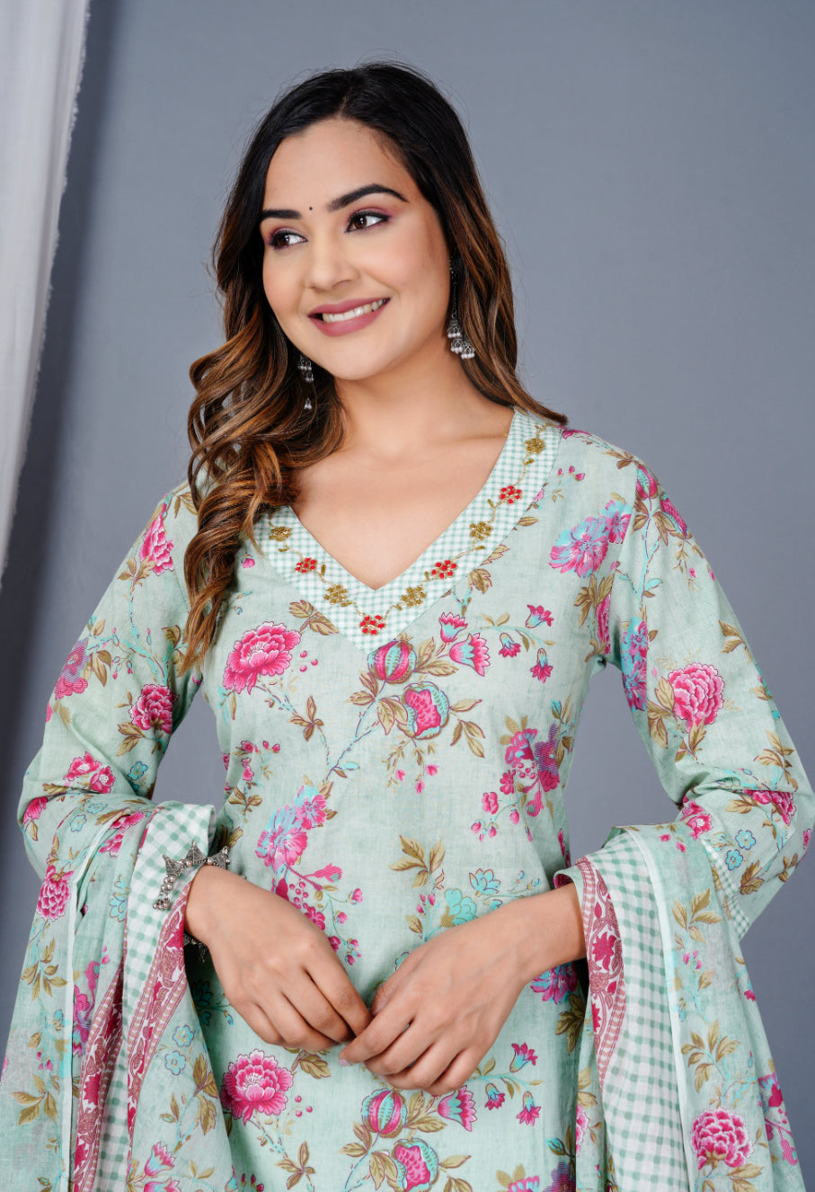 Women Pista Green Cotton Printed & Embroidered Work Straight Kurta Bottom & Dupatta Set