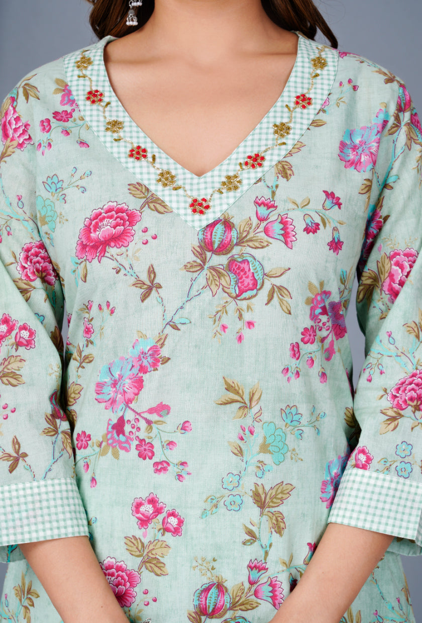 Women Pista Green Cotton Printed & Embroidered Work Straight Kurta Bottom & Dupatta Set