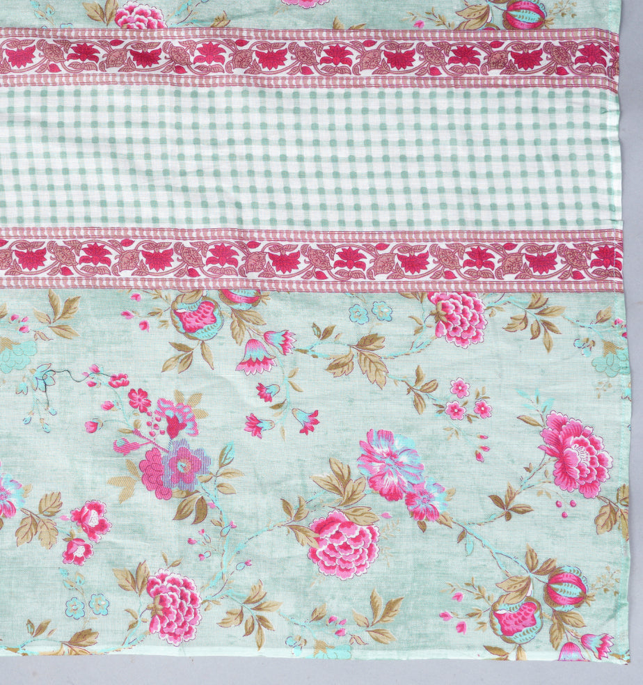 Women Pista Green Cotton Printed & Embroidered Work Straight Kurta Bottom & Dupatta Set