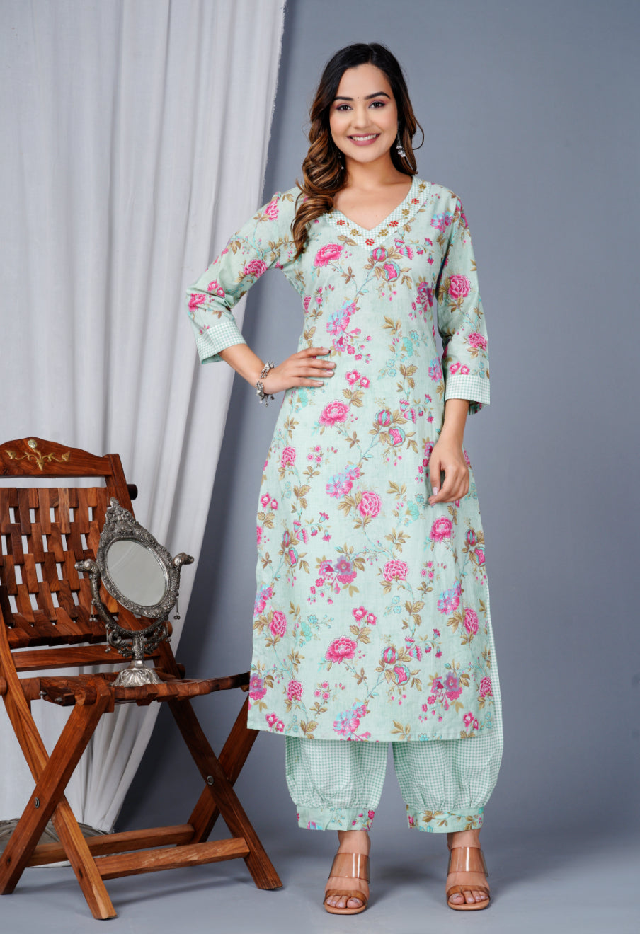 Women Pista Green Cotton Printed & Embroidered Work Straight Kurta Bottom & Dupatta Set