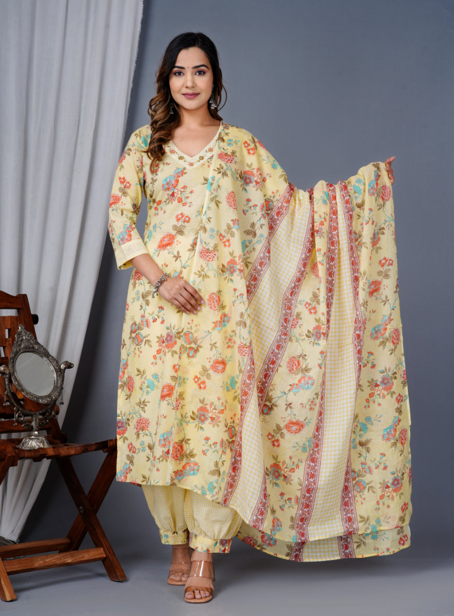 Women Yellow Cotton Printed & Embroidered Work Straight Kurta Bottom & Dupatta Set