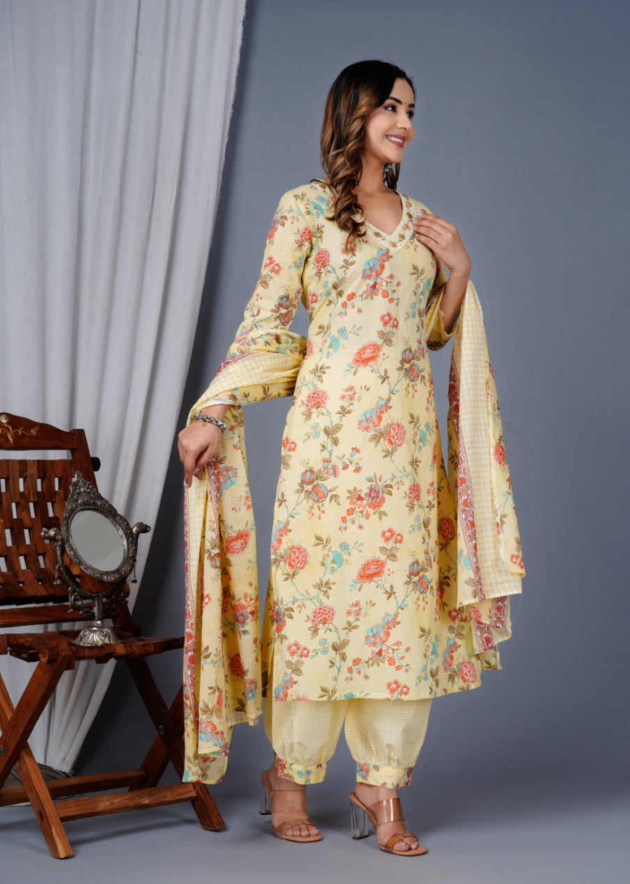 Women Yellow Cotton Printed & Embroidered Work Straight Kurta Bottom & Dupatta Set
