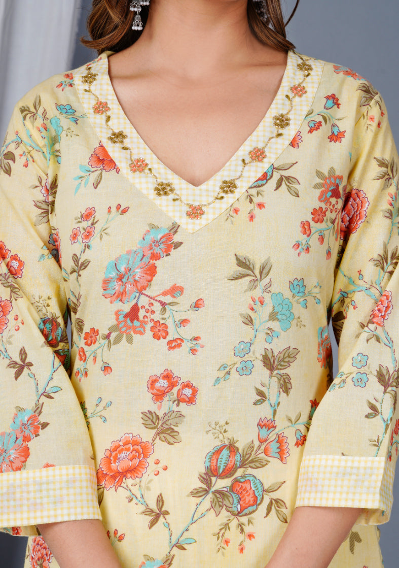 Women Yellow Cotton Printed & Embroidered Work Straight Kurta Bottom & Dupatta Set