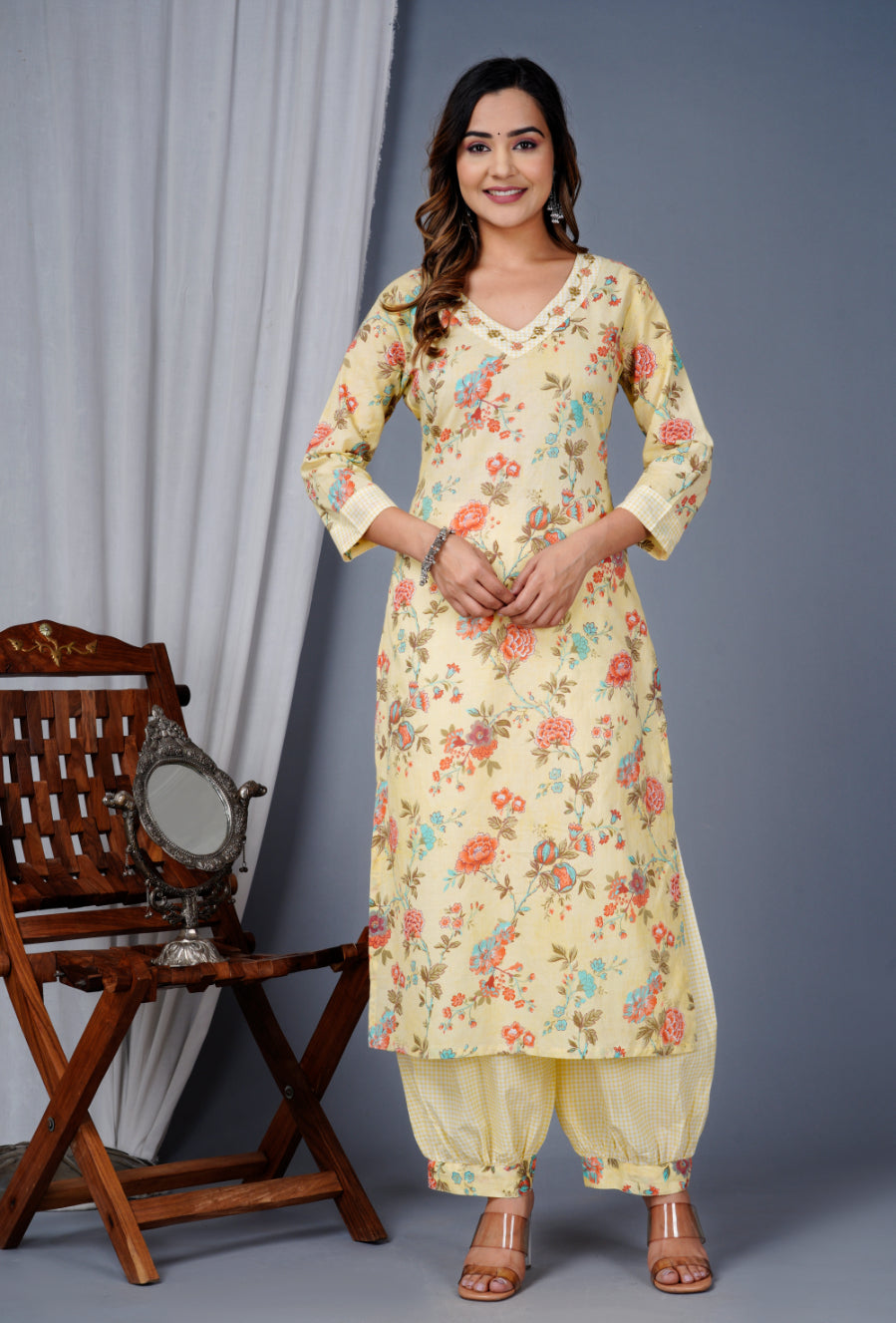 Women Yellow Cotton Printed & Embroidered Work Straight Kurta Bottom & Dupatta Set