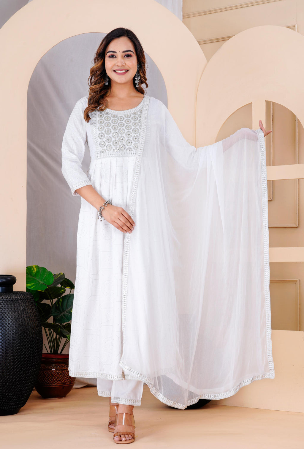 Women White Rayon Printed  & Embroidered Work Straight Kurta Bottom & Dupatta Set