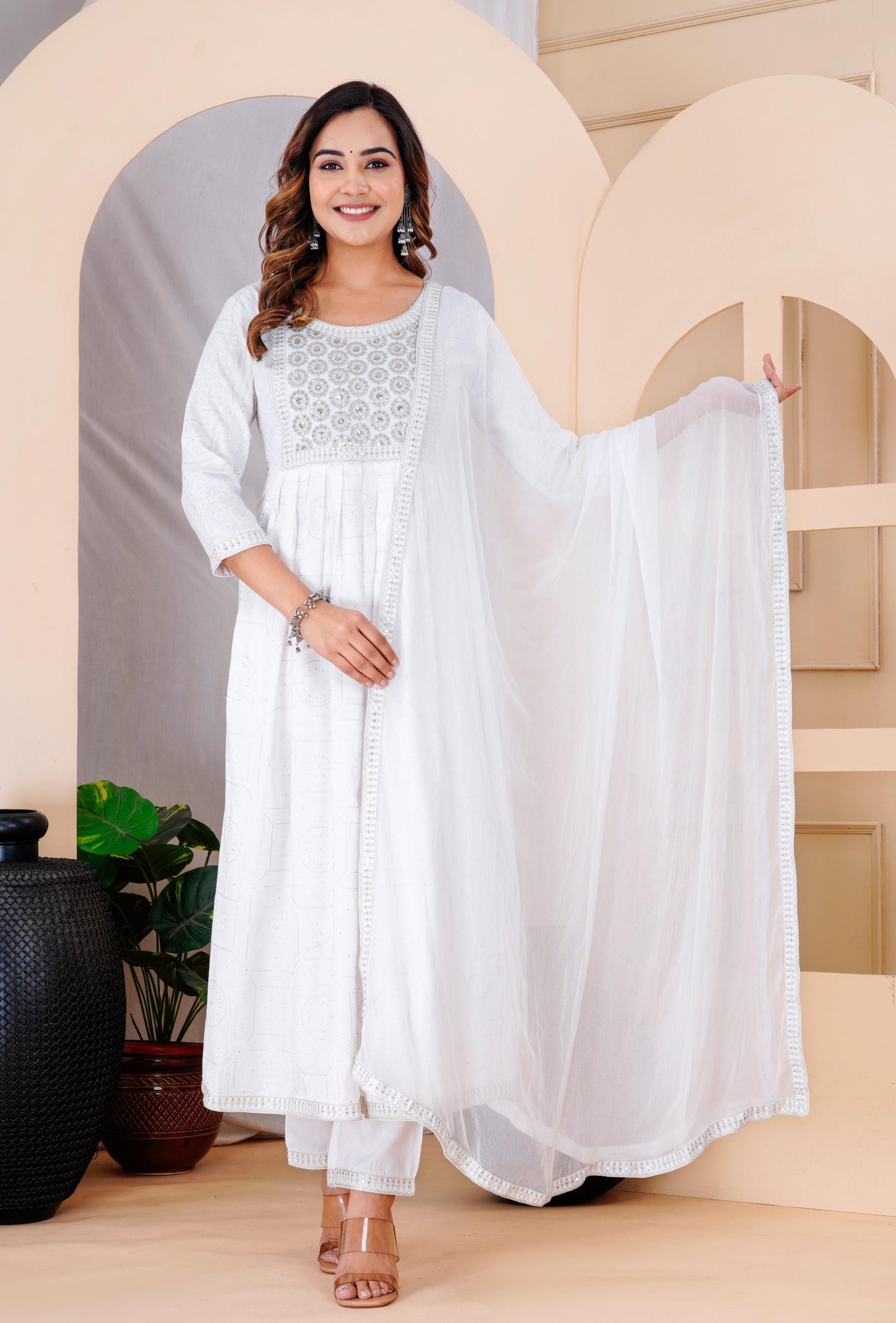 Women White Rayon Printed  & Embroidered Work Straight Kurta Bottom & Dupatta Set