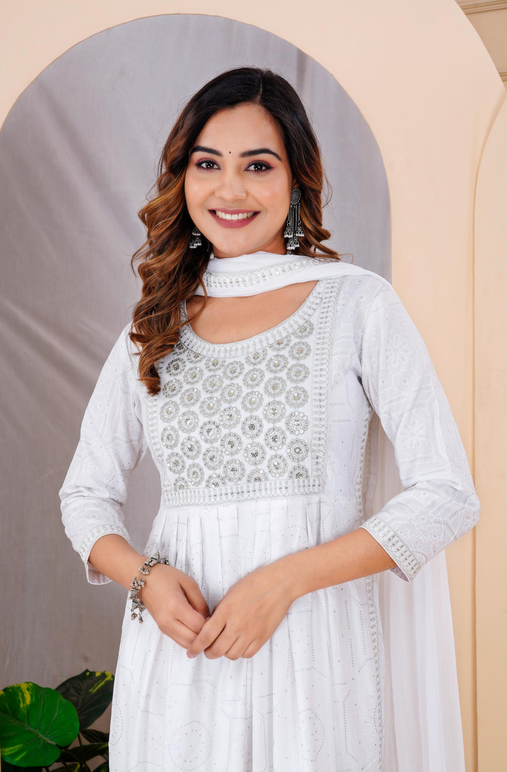 Women White Rayon Printed  & Embroidered Work Straight Kurta Bottom & Dupatta Set