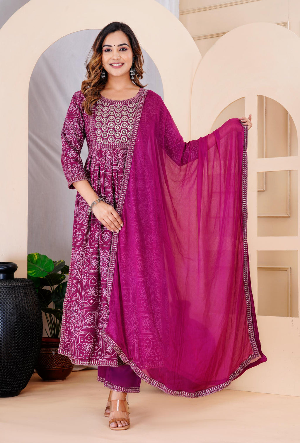 Women Purple Rayon Printed  & Embroidered Work Straight Kurta Bottom & Dupatta Set