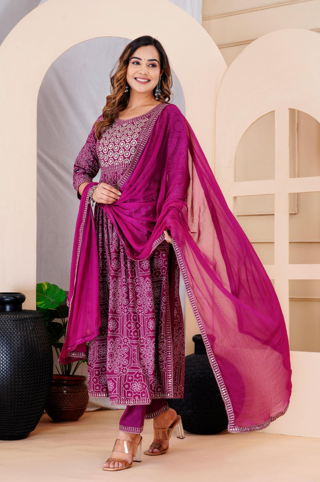 Women Purple Rayon Printed  & Embroidered Work Straight Kurta Bottom & Dupatta Set