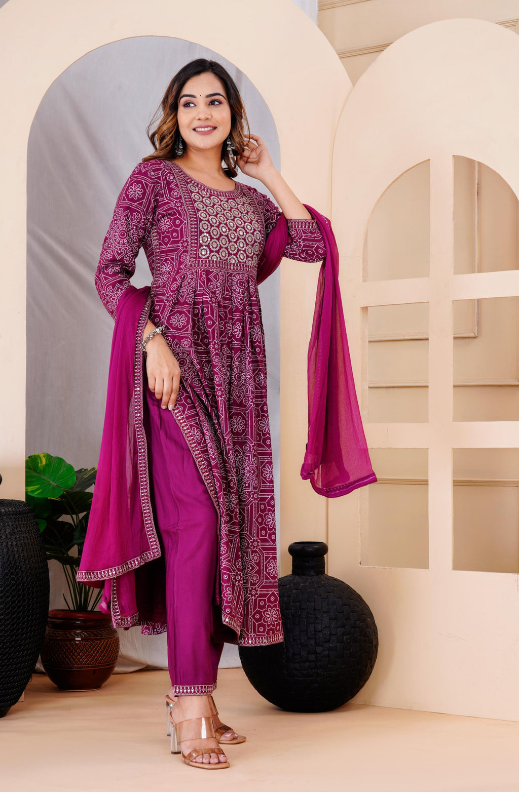 Women Purple Rayon Printed  & Embroidered Work Straight Kurta Bottom & Dupatta Set