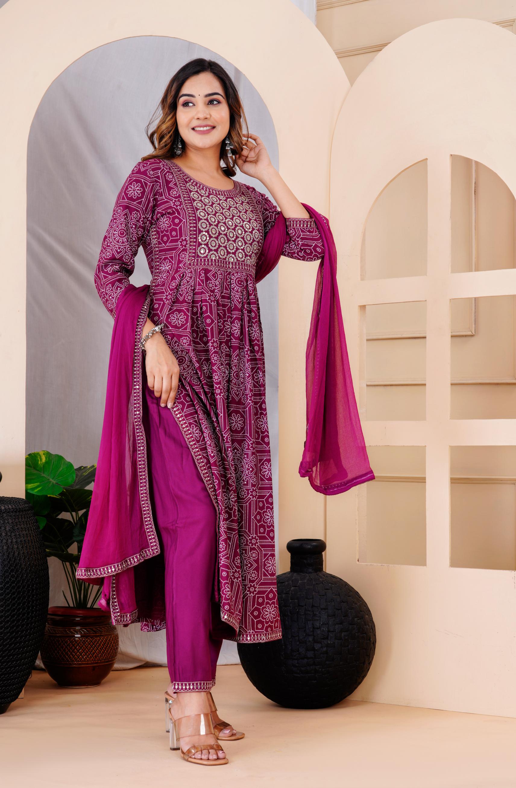 Women Purple Rayon Printed  & Embroidered Work Straight Kurta Bottom & Dupatta Set