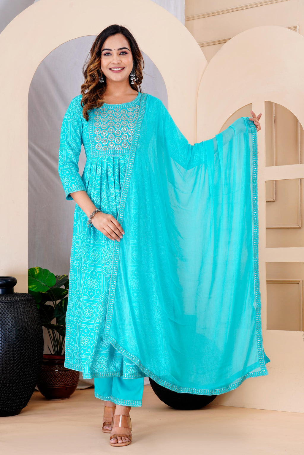 Women  Turquoise Blue Rayon Printed  & Embroidered Work Straight Kurta Bottom & Dupatta Set