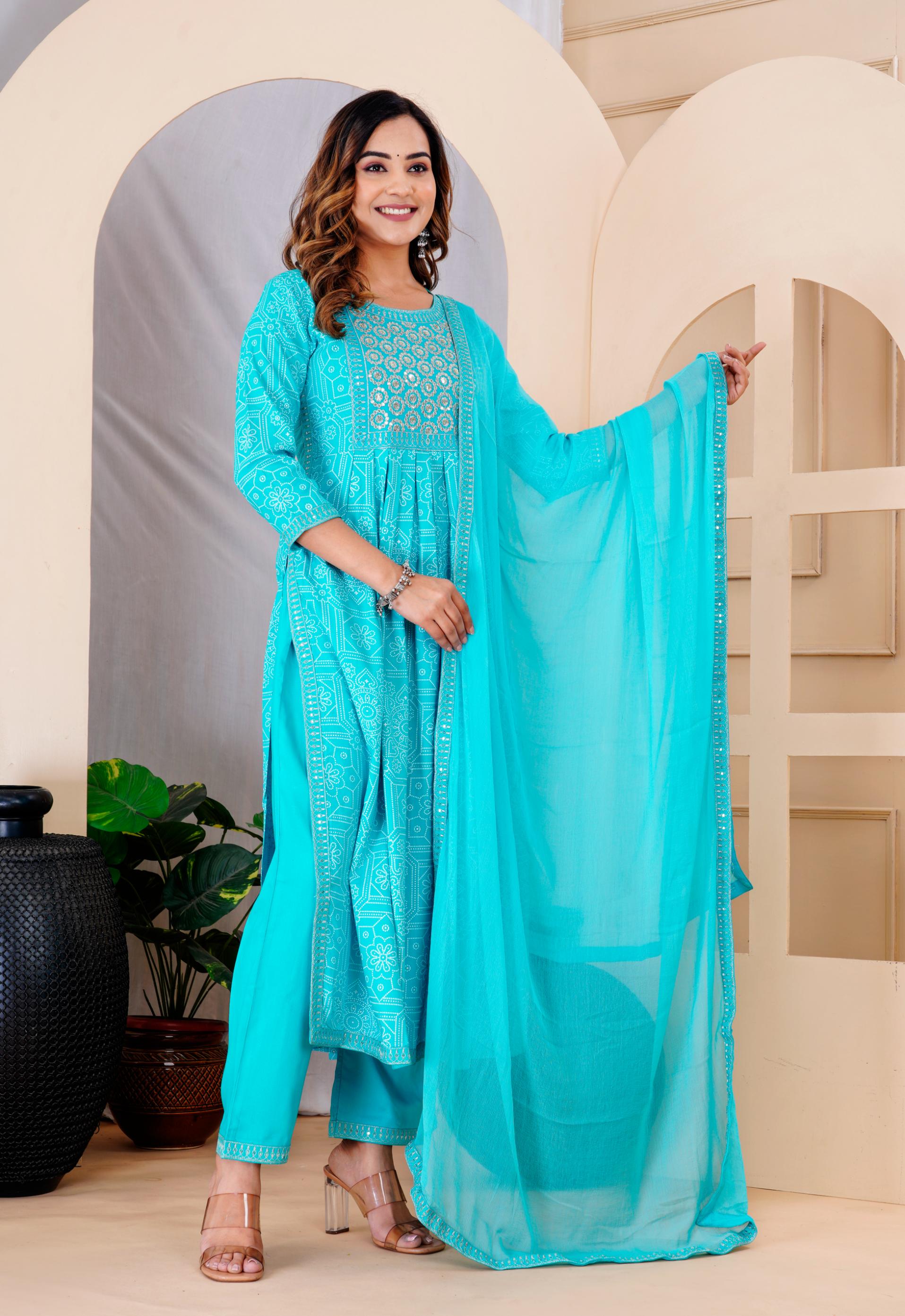 Women  Turquoise Blue Rayon Printed  & Embroidered Work Straight Kurta Bottom & Dupatta Set