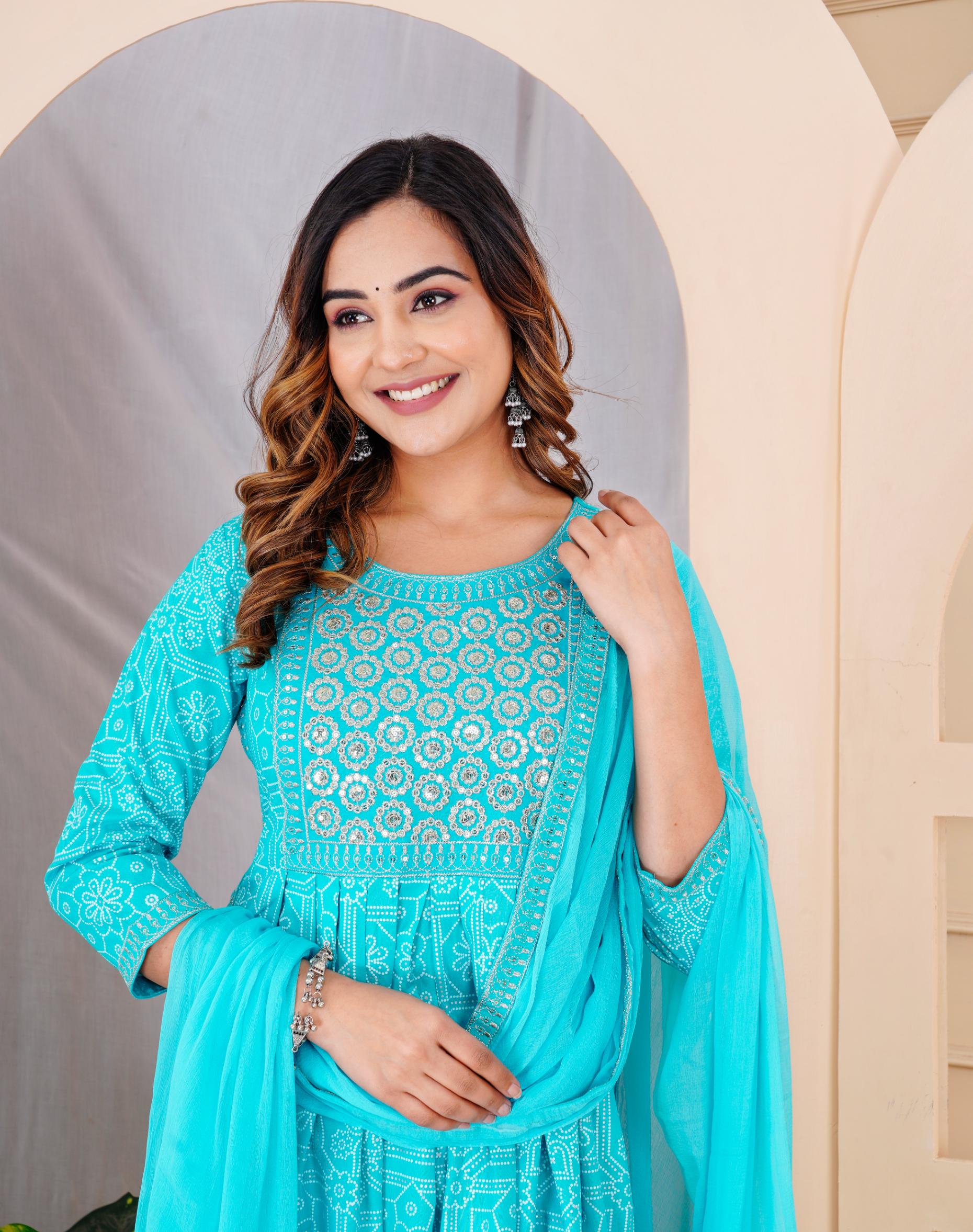 Women  Turquoise Blue Rayon Printed  & Embroidered Work Straight Kurta Bottom & Dupatta Set